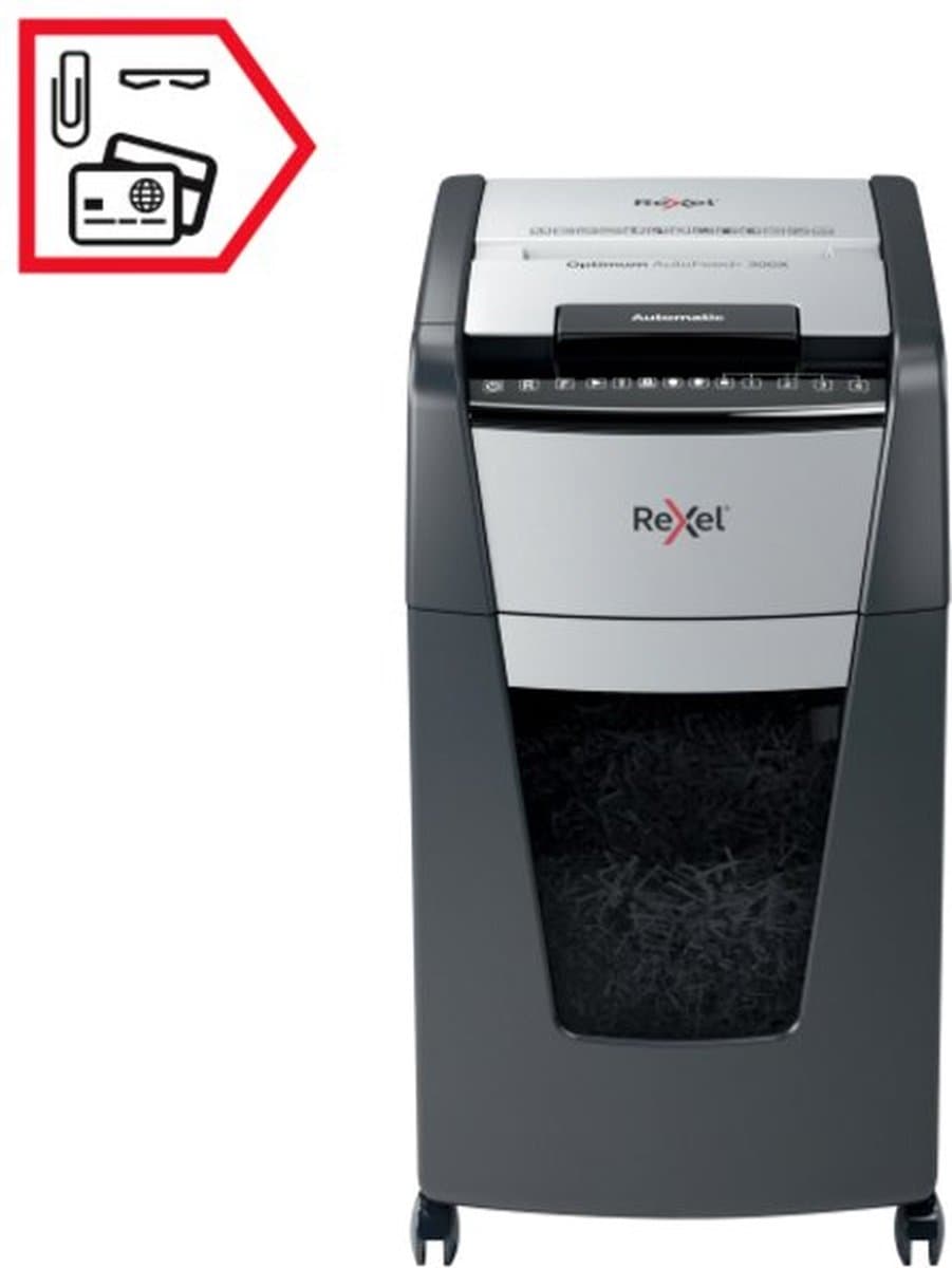Rexel Optimum AutoFeed+ 300X Fluisterstille Papierversnipperaar - P4 Snippers - Automatische Invoer Tot 300 Vel - 60L - Zwart thumbnail 4