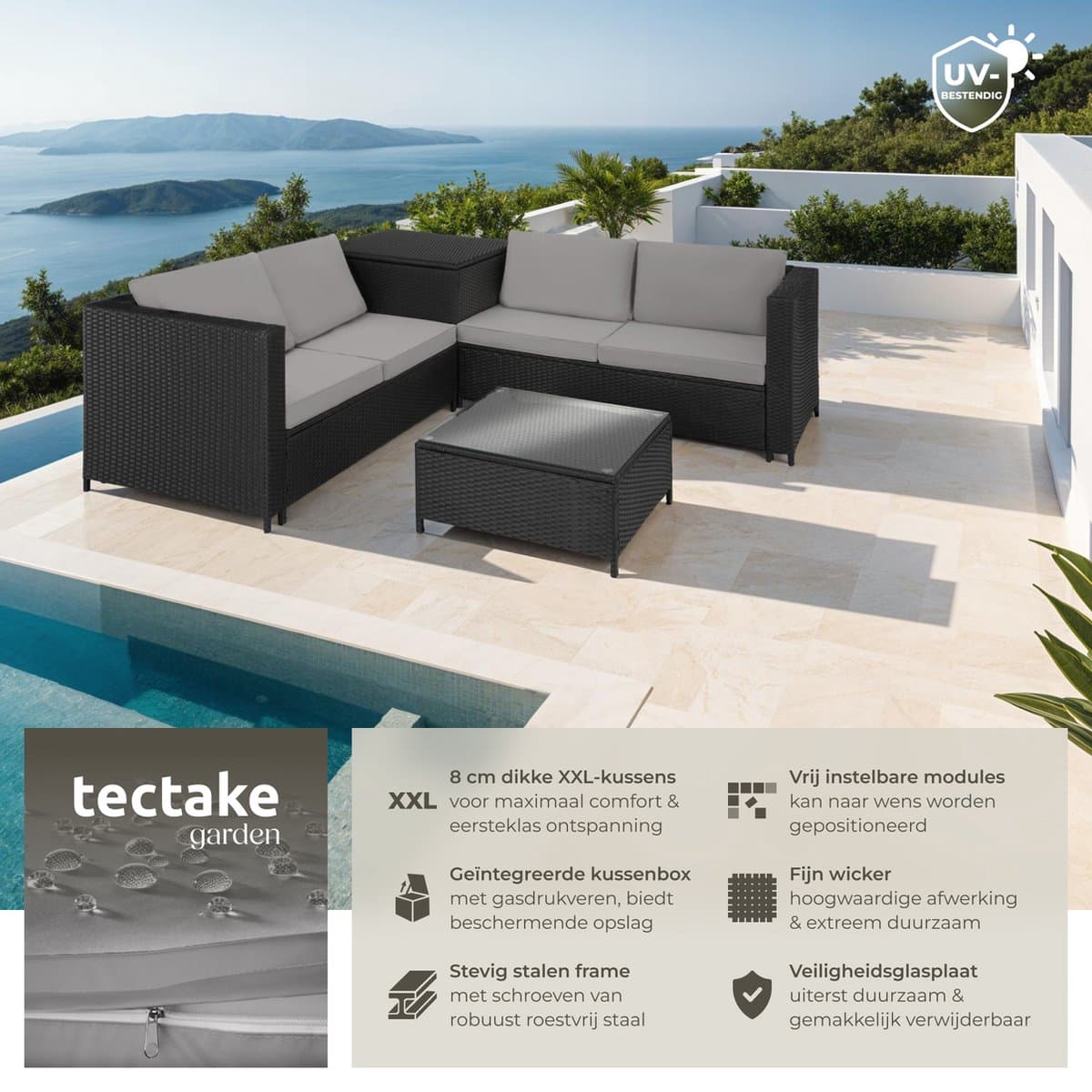 tectake® Wicker zitgroep - Tuinmeubelset - 2 banken met extra dikke kussens - Tafel met glazen blad - Tuinmeubelen voor terras - Tuin - Balkon - Buitenmeubels - Inclusief opbergbox - Maximale belasting bank 200 kg en tafel 45 kg - Zwart thumbnail 3