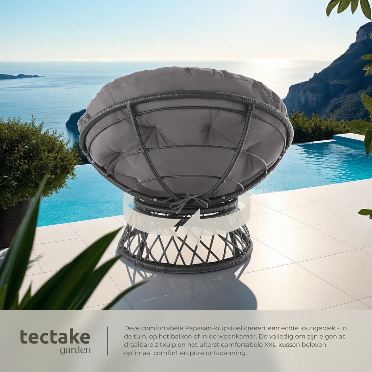 tectake® Papasan Stoel - Gezellige Draaistoel met Ronde Kussens - Comfortabele Rotan Stoel - Draaibare Loungestoel - Ronde Relax Rotan Rieten Stoel voor Woonkamer, Leeshoek, Lounge - Zwart thumbnail 3