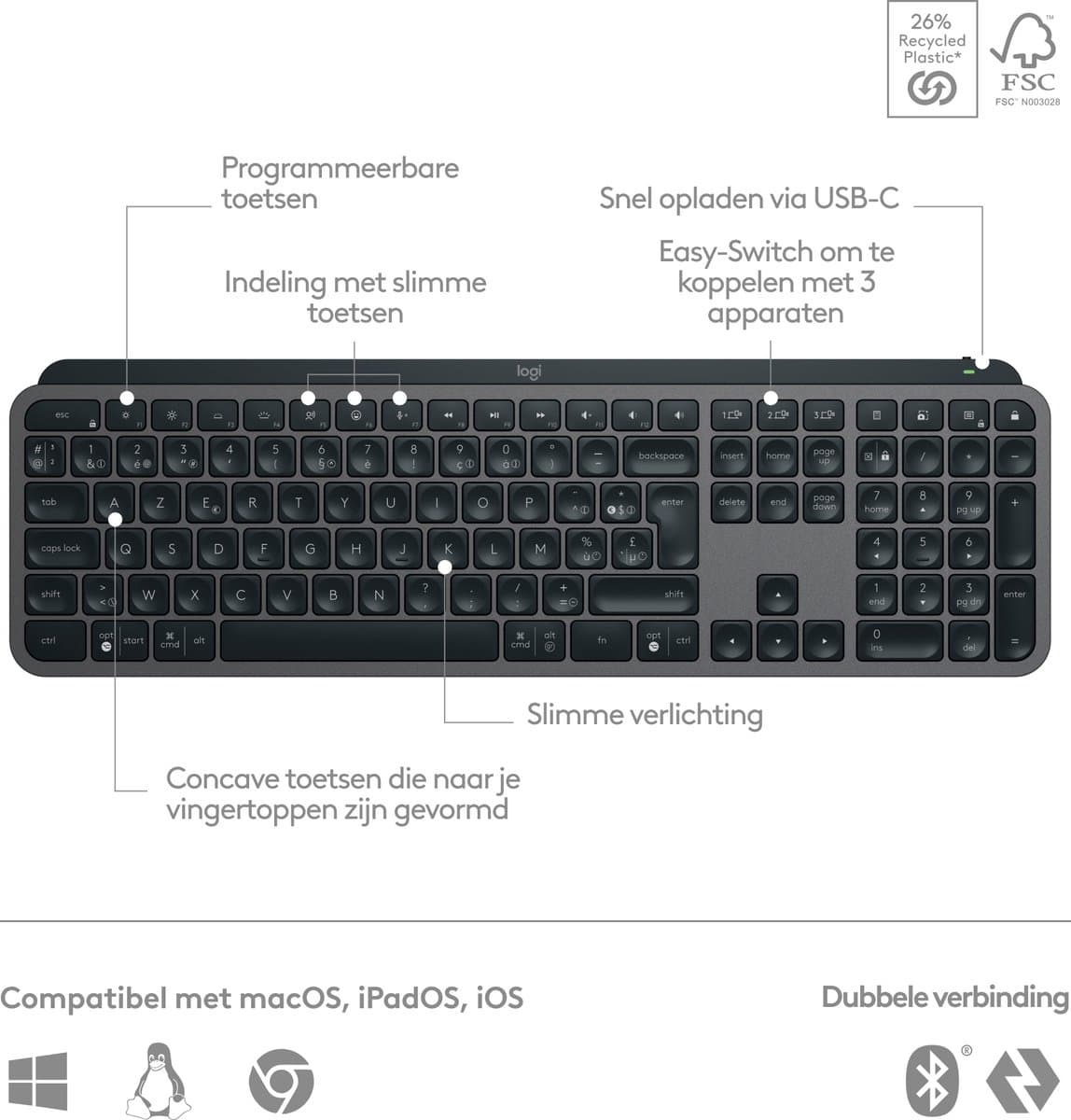 Logitech MX Keys S - Draadloos Toetsenbord - Qwerty - Graphite thumbnail 7