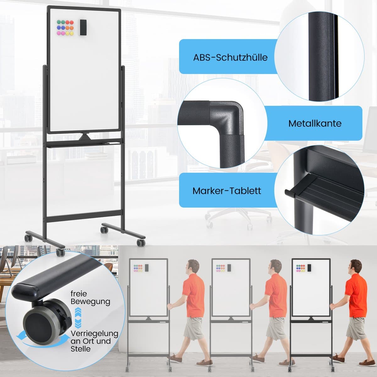 COSTWAY Dubbelzijdig mobiel whiteboard, 60 x 90 cm, in hoogte verstelbaar magnetisch whiteboard met wieltjes, standaard en pennenbakje, incl. accessoires voor school, kantoor, thuis (zwart) thumbnail 8