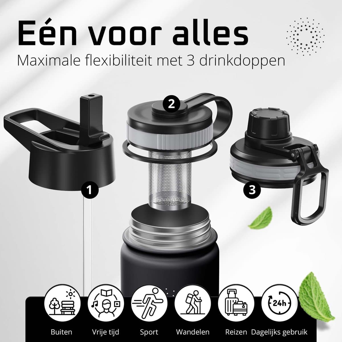 bemaxx Drinkfles met Rietje RVS Thermosfles ACTIVE FLASK (3 Drinkdoppen met Infuser), Volwassenen Kinderen, BPA-Vrij + Lekvrij | 1 Liter/500 ml Isoleerfles, Vacuüm Waterfles Sport Fitness Fietsen Water Fles Waterbidon Sportbidon thumbnail 8