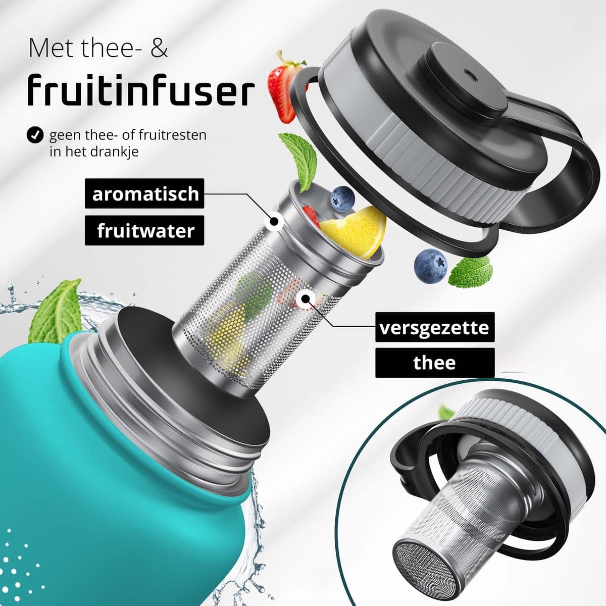 bemaxx Drinkfles met Rietje RVS Thermosfles ACTIVE FLASK (3 Drinkdoppen met Infuser), Volwassenen Kinderen, BPA-Vrij + Lekvrij | 1 Liter/500 ml Isoleerfles, Vacuüm Waterfles Sport Fitness Fietsen Water Fles Waterbidon Sportbidon thumbnail 3