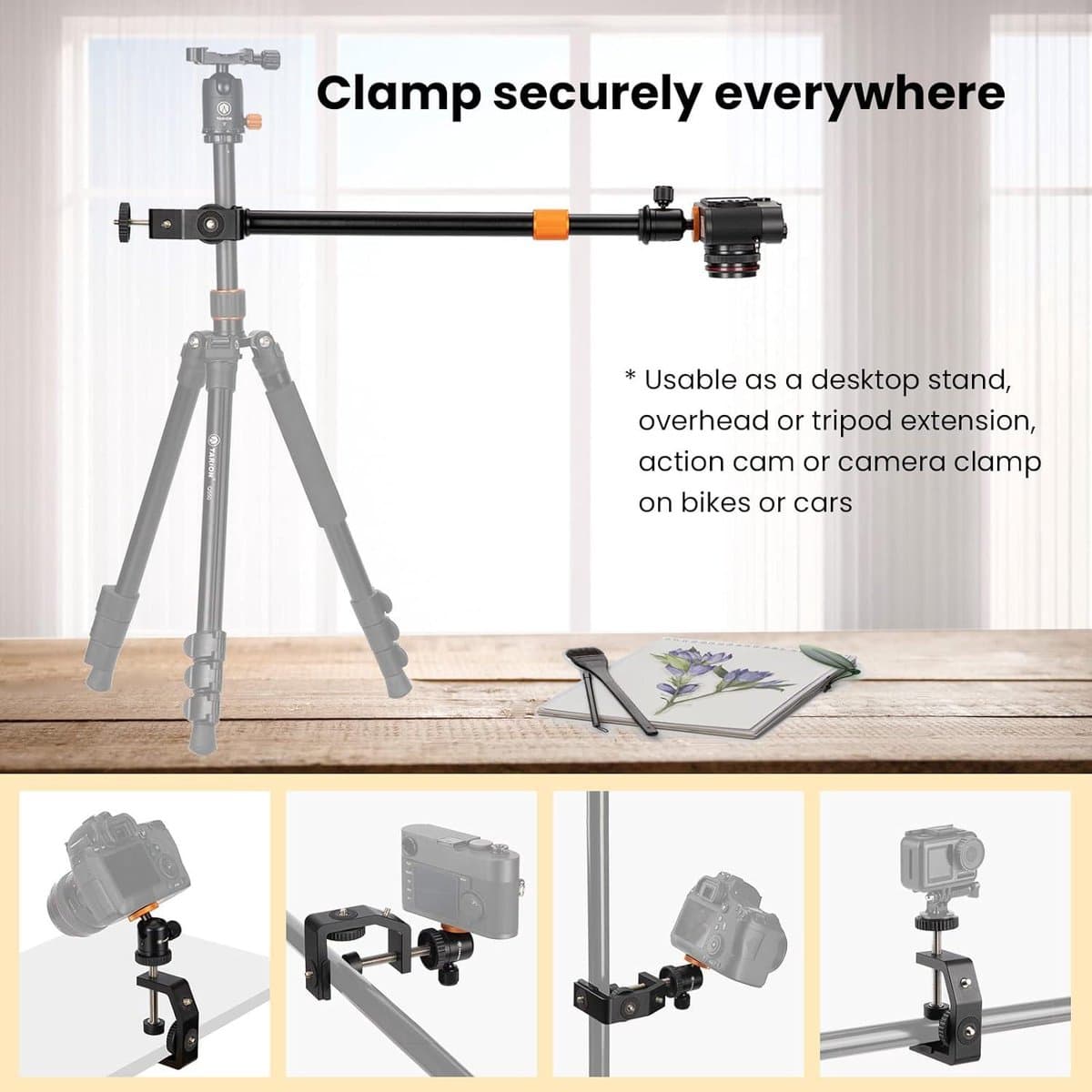 C-klem tafel standaard cameramontage met 1/4 inch schroef balhoofd - verstelbare verlengstang 33-60 cm - vlogging livestream fotografie - filmen - fotostudio licht thumbnail 6