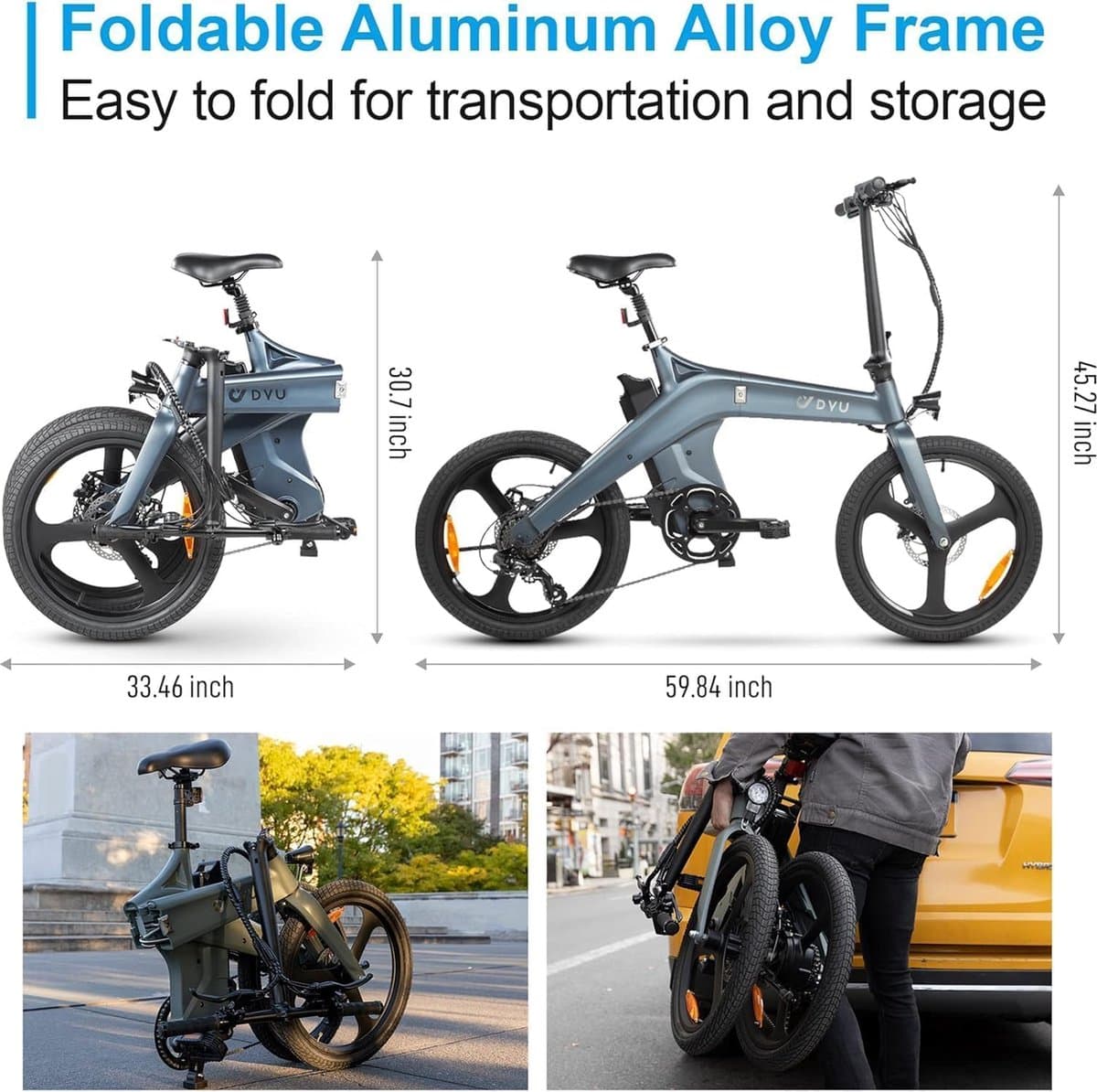 DYU T1 20 Inch Elektrische vouwfietsen - Elektrische fiets - Draagbare e-bike voor woon-werkverkeer in de stad - max. snelheid 25 km/u - 250 W motor, 55 km actieradius - LED-verlichting en LCD-display - IP54 Waterproof thumbnail 3