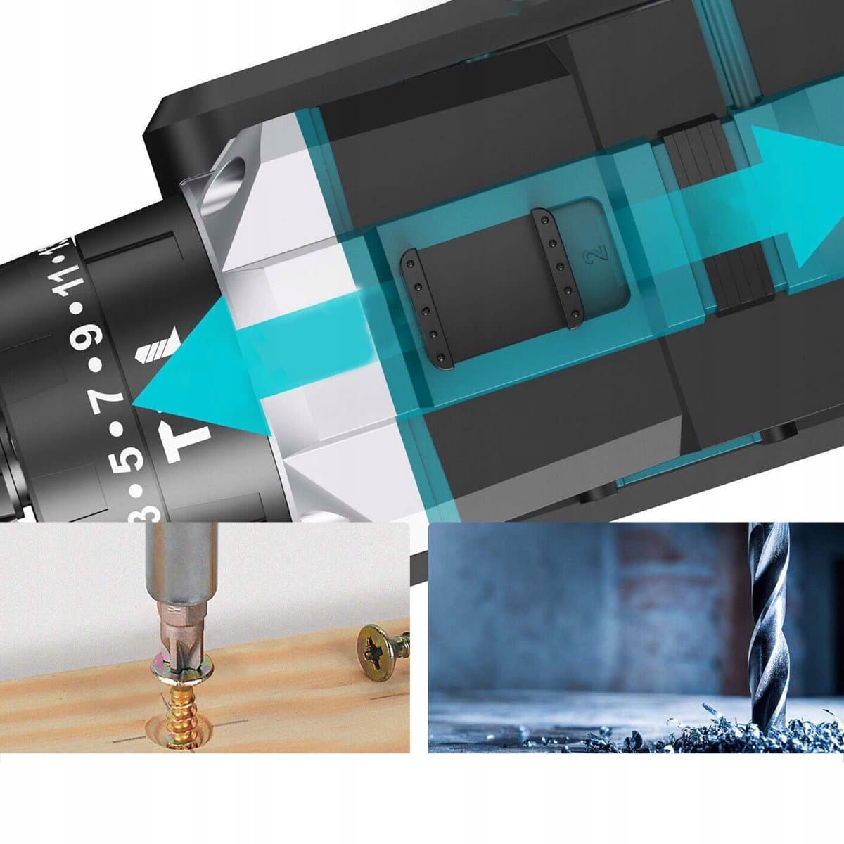 Makita-look Accuboormachine 21V Set – 2 Accu's, Snellader, 45 Nm Koppel, Sleutelloze Boorkop en 24-Delige Accessoireset thumbnail 5