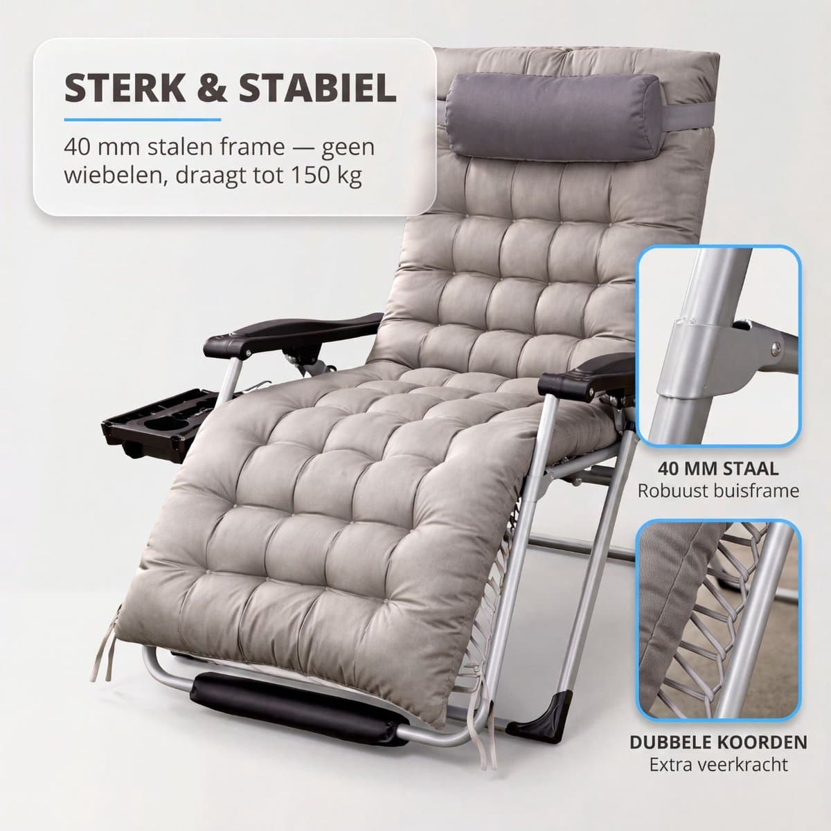 FlinQ 2x XL Relax Tuinstoelen Cloud Comfort Deluxe - Verstelbare Zero Gravity Relaxstoel - Extra breed - Extra dikke kussens - Hoofdkussen & Bekerhouder/Tafeltje - Ligstoel - Tuinmeubelen - Ideale Campingstoel - Ook voor Tuin of Balkon thumbnail 8