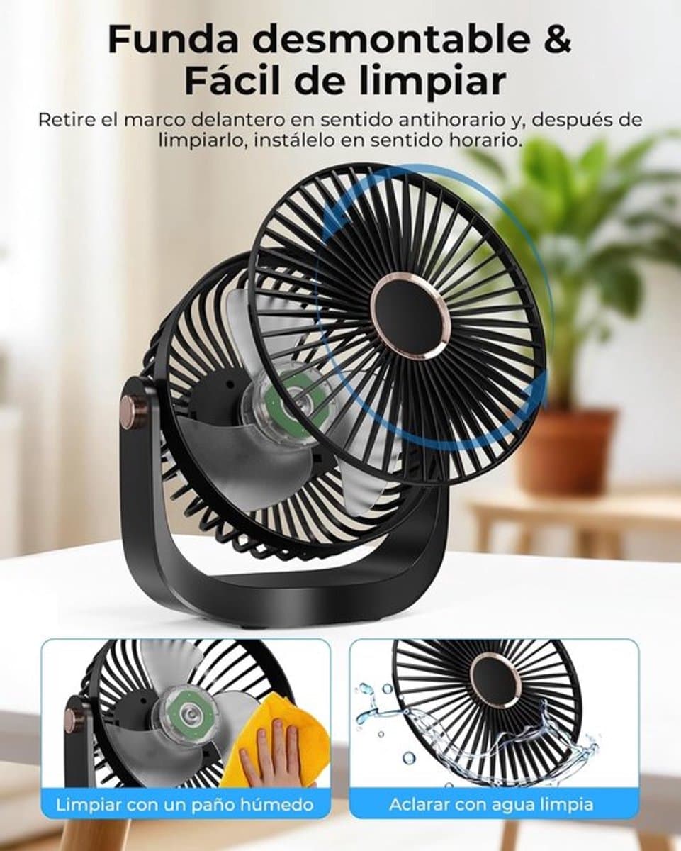 Solvix tafel ventilator geluidloos - Tafelfan met Nachtlamp - Zwart - Oplaadbare USB Fan - 5 Snelheden - Voor Thuis, Kantoor en Reis thumbnail 5