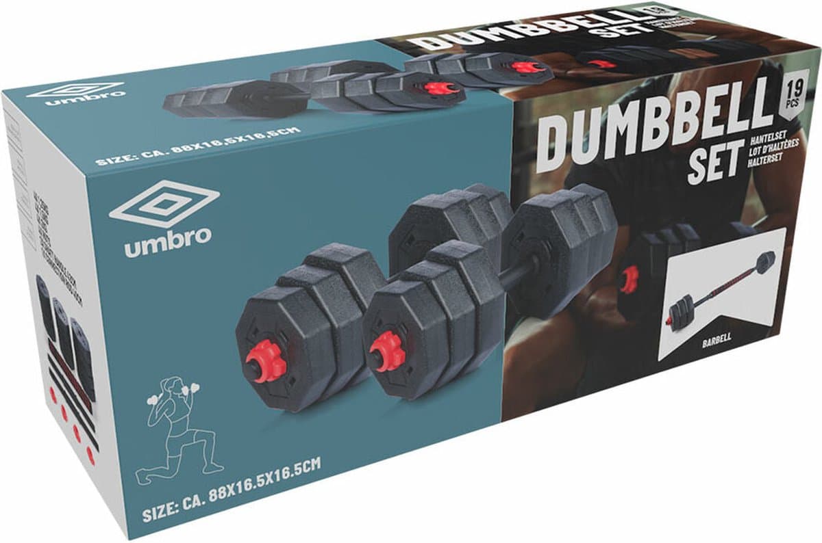 Umbro Gewichten Set met Dumbells – Dumbbell Set incl. Barbell- en Halterstang – Halterset Max. 20KG – Gewichten Schijven 1.25KG, 1.5KG en 2KG – Fitness Accessoires Krachttraining thumbnail 7