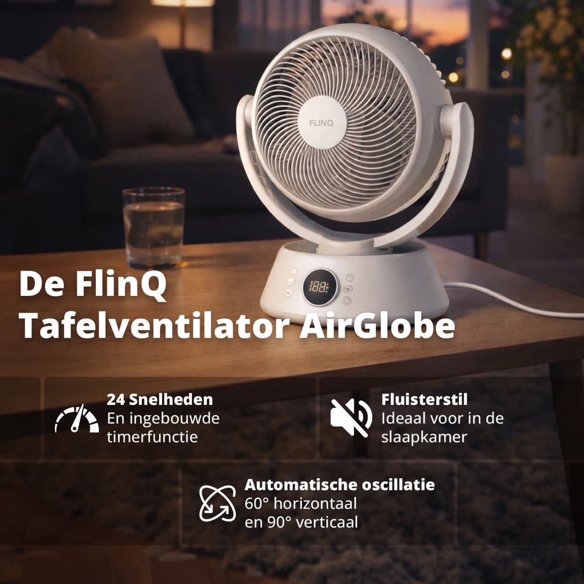 FlinQ AirGlobe Tafelventilator - Automatische oscillatie - Ventilator voor Bureau of Tafel - Roteerbaar - Kleine Ventilator - Fan met Aanpasbare Snelheden - Fluisterstil - Wit thumbnail 2