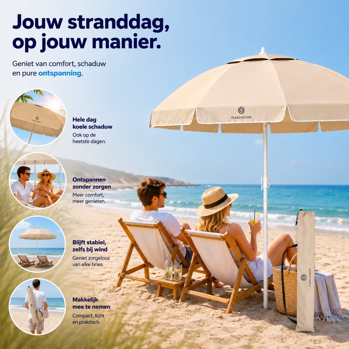Fleau Goods Strandparasol - Parasol Strand / Tuin - Diameter 180 cm - Verstelbaar - UV Bescherming - Stokparasol - Tuinparasol - Met Draagtas - Beige thumbnail 5