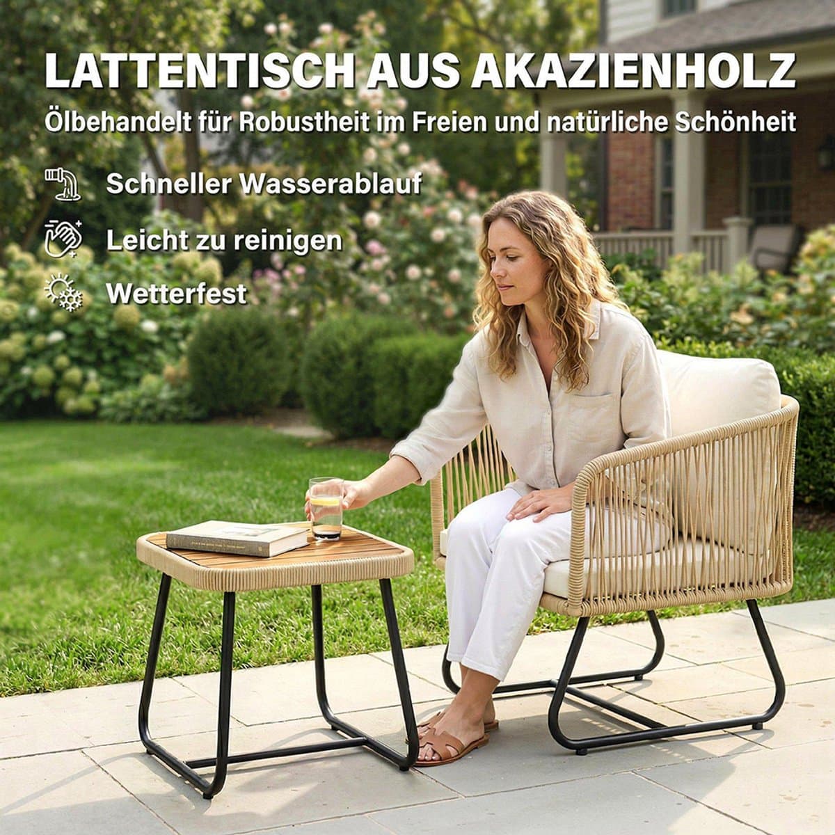Pugsdrly Rotan bistroset 3-delige FSC-tuinsetset met 2 fauteuils, lamellenhouten tafel, dikke wasbare kussens, stalen frame thumbnail 8