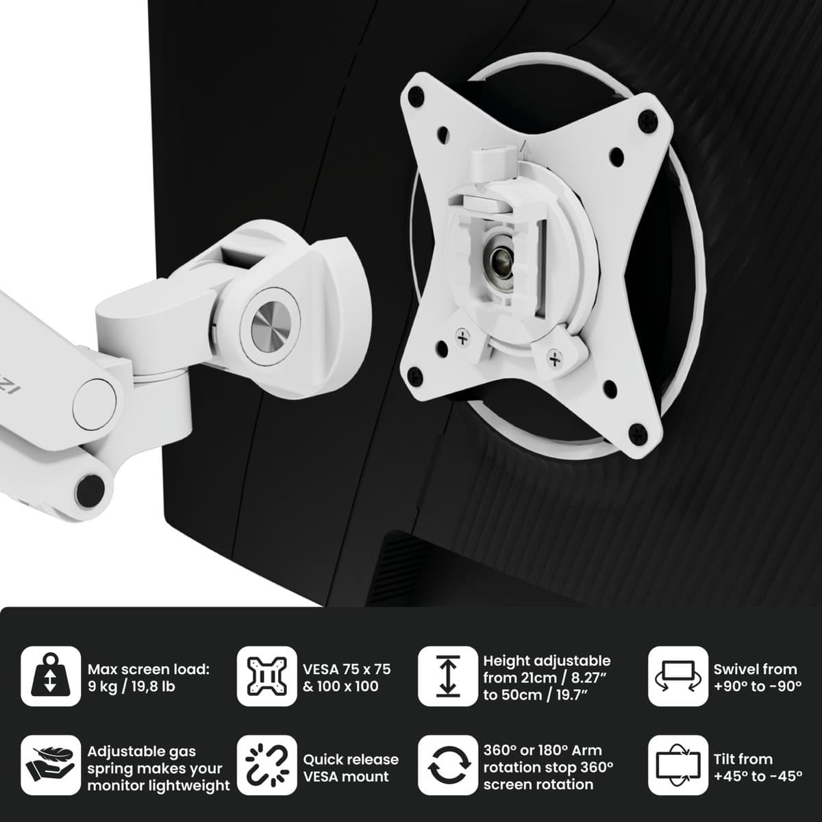 Arozzi Alzare Neo Dubbele Monitor Arm - Gasfeder - Kabelbeheer - 17" tot 34" - Wit thumbnail 7