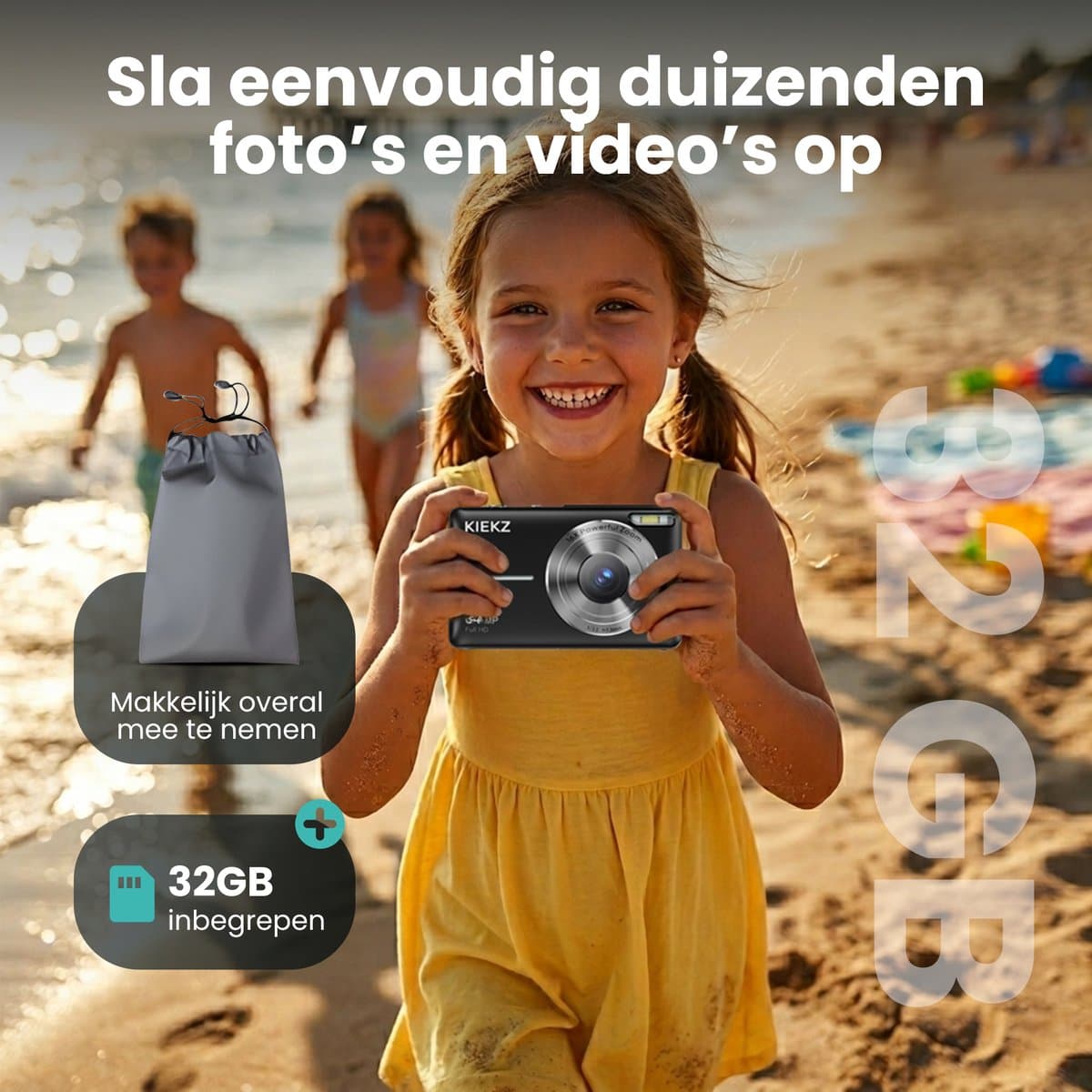 Kiekz Digitale Camera 64MP - Fotocamera Full HD - Compact Camera - Fototoestel - Autofocus - Ideaal voor Kinderen en Beginners - Inclusief 32GB SD Kaart - Zwart thumbnail 3
