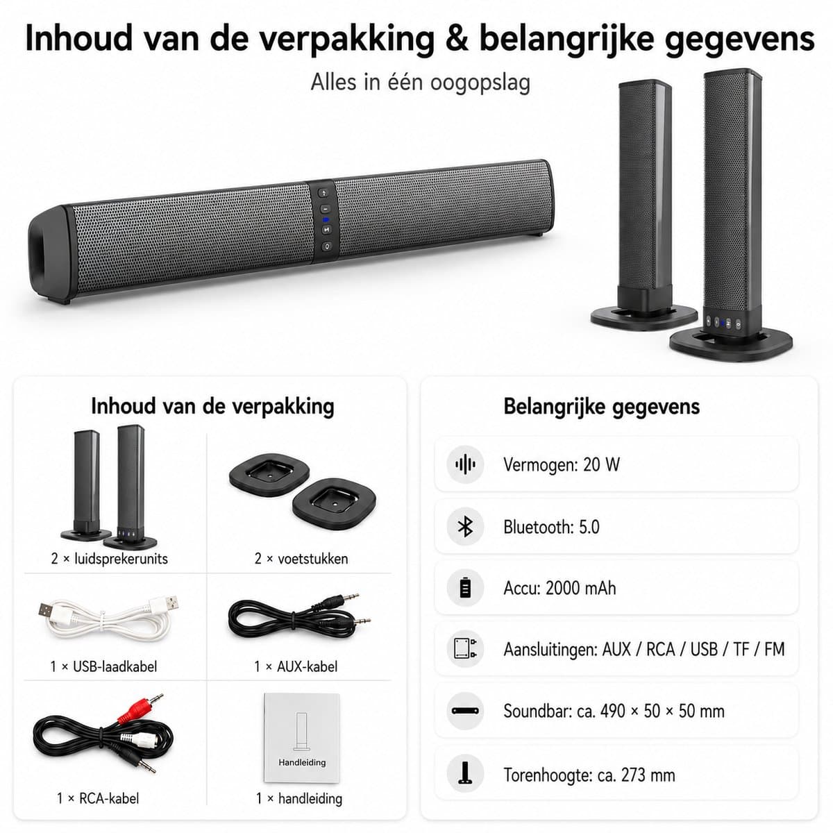 Gloovon® Deelbare Soundbar & PC Speakers - Bluetooth 5.0 & Bedraad - 20W Stereo Audio met 2000mAh Accu - AUX, RCA & USB - Zwart thumbnail 2