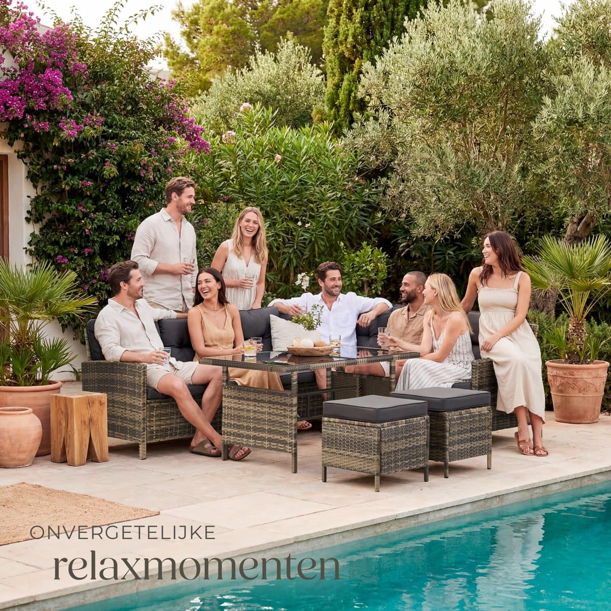 tectake® Loungeset Barletta - 6 tot 8 Personen - Modulaire Tuinset met Loungebank, Kruk en Tuintafel - Tuinmeubels - Balkonmeubel - 5-delige Zitgroep - Inclusief Kussens - Ideaal voor Tuin, Terras en Balkon - Natuurkleur met Donkergrijze Kussens thumbnail 8