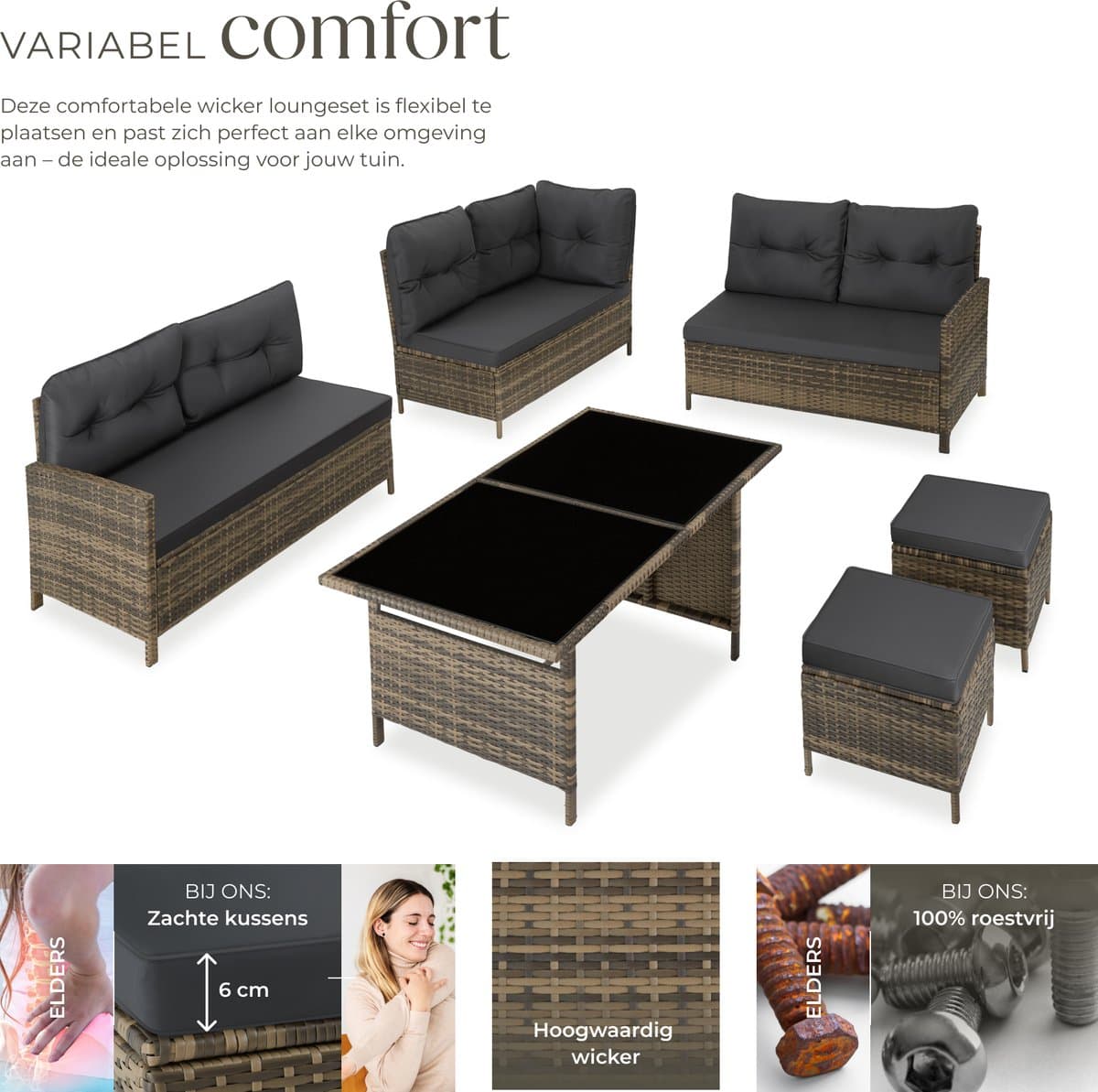 tectake® Loungeset Barletta - 6 tot 8 Personen - Modulaire Tuinset met Loungebank, Kruk en Tuintafel - Tuinmeubels - Balkonmeubel - 5-delige Zitgroep - Inclusief Kussens - Ideaal voor Tuin, Terras en Balkon - Natuurkleur met Donkergrijze Kussens thumbnail 7