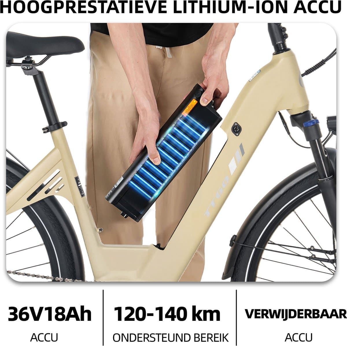 Elektrische Stadsfiets TTGO C7 SE - 28 INCH Banden - 250W Bafang Middenmotor - 36V18Ah Accu - Bereik tot 140km - Shimano 9 Versnellingen - Beige thumbnail 8