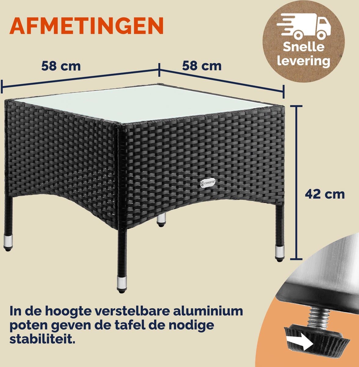 CASARIA Polyrattan Bijzettafel - Buiten 58x58x45cm - Zwart thumbnail 4