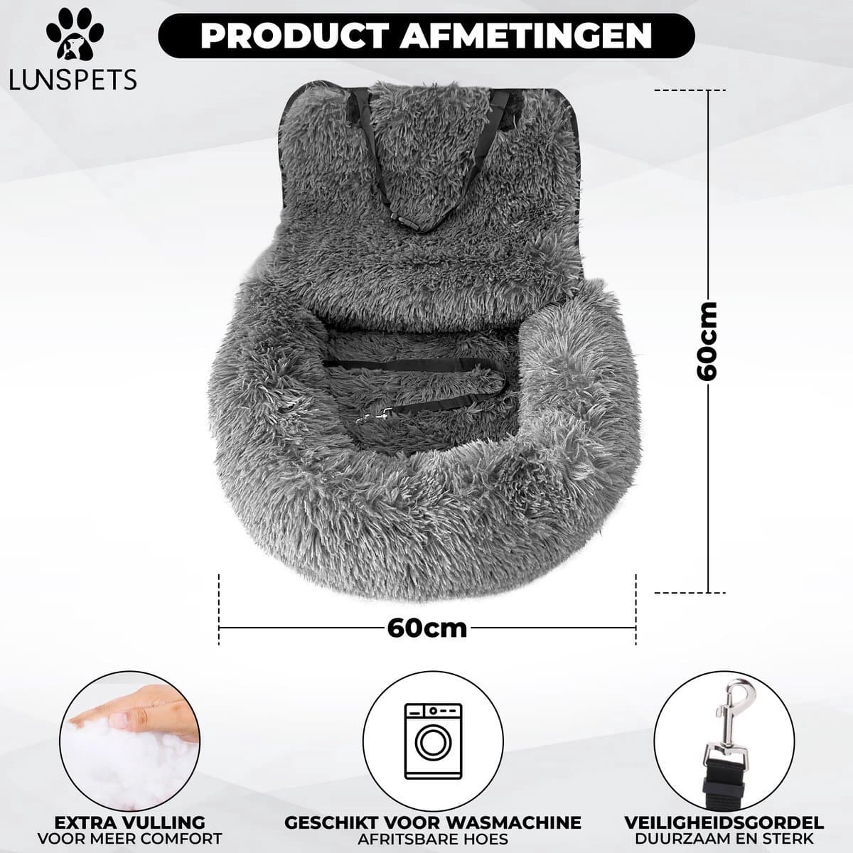 Lunspets - Hondenmand Auto - Autostoel Hond - Automand Hond - Zacht - Wasbaar - Donkergrijs thumbnail 4