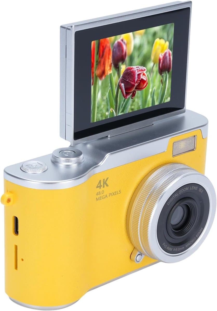 Digitale camera - 1080P HD 48MP digitale point-and-shoot camera met 2,4 inch HD-klapscherm, ingebouwde LED-vullamp, 8x digitale zoom, voor tieners en studenten - met 32G geheugenkaart (geel) thumbnail 3
