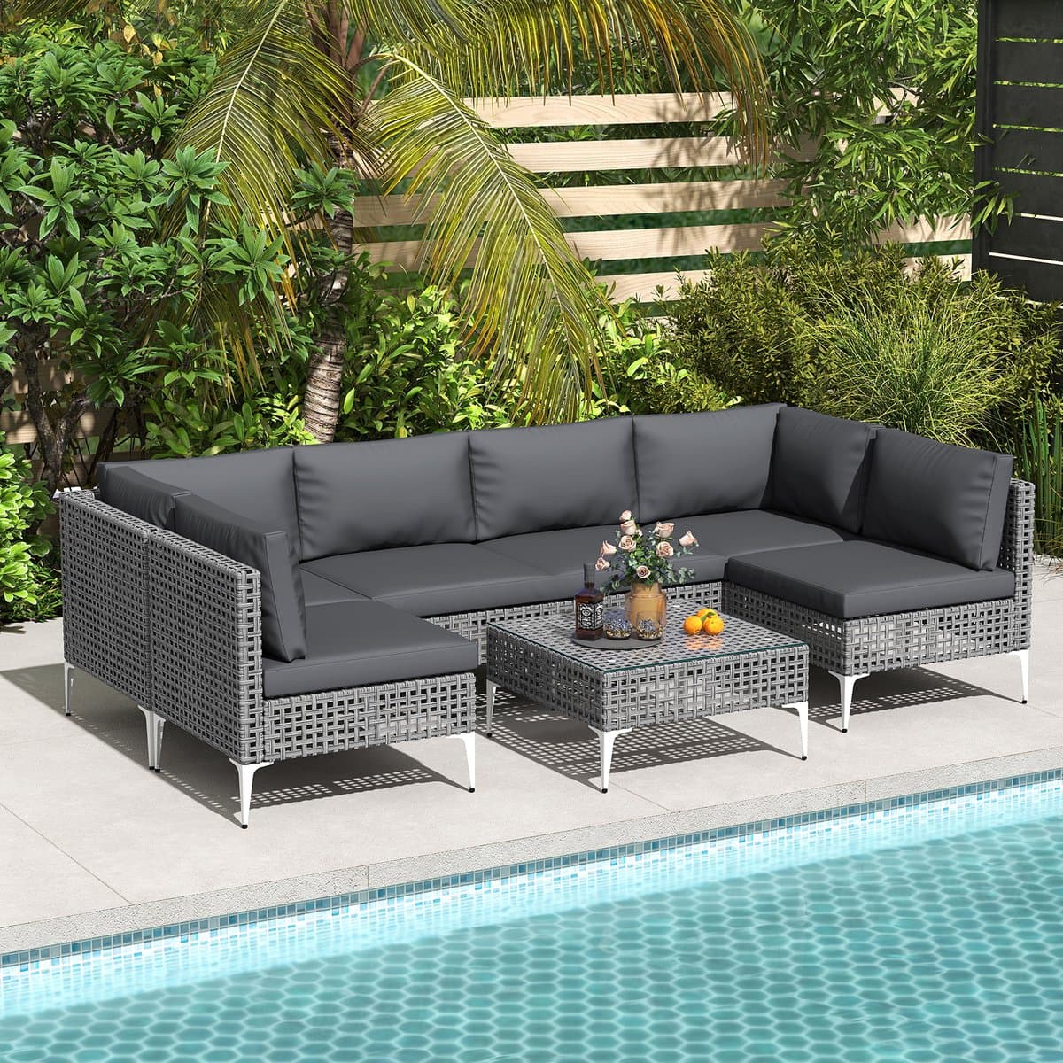 COSTWAY Loungemeubelen voor buiten, rotan tuinlounge met tafel en kussens, vrij te combineren, tuinmeubelset, balkonmeubels, terrasmeubels, zitgroep voor tuin, terras, balkon thumbnail 7