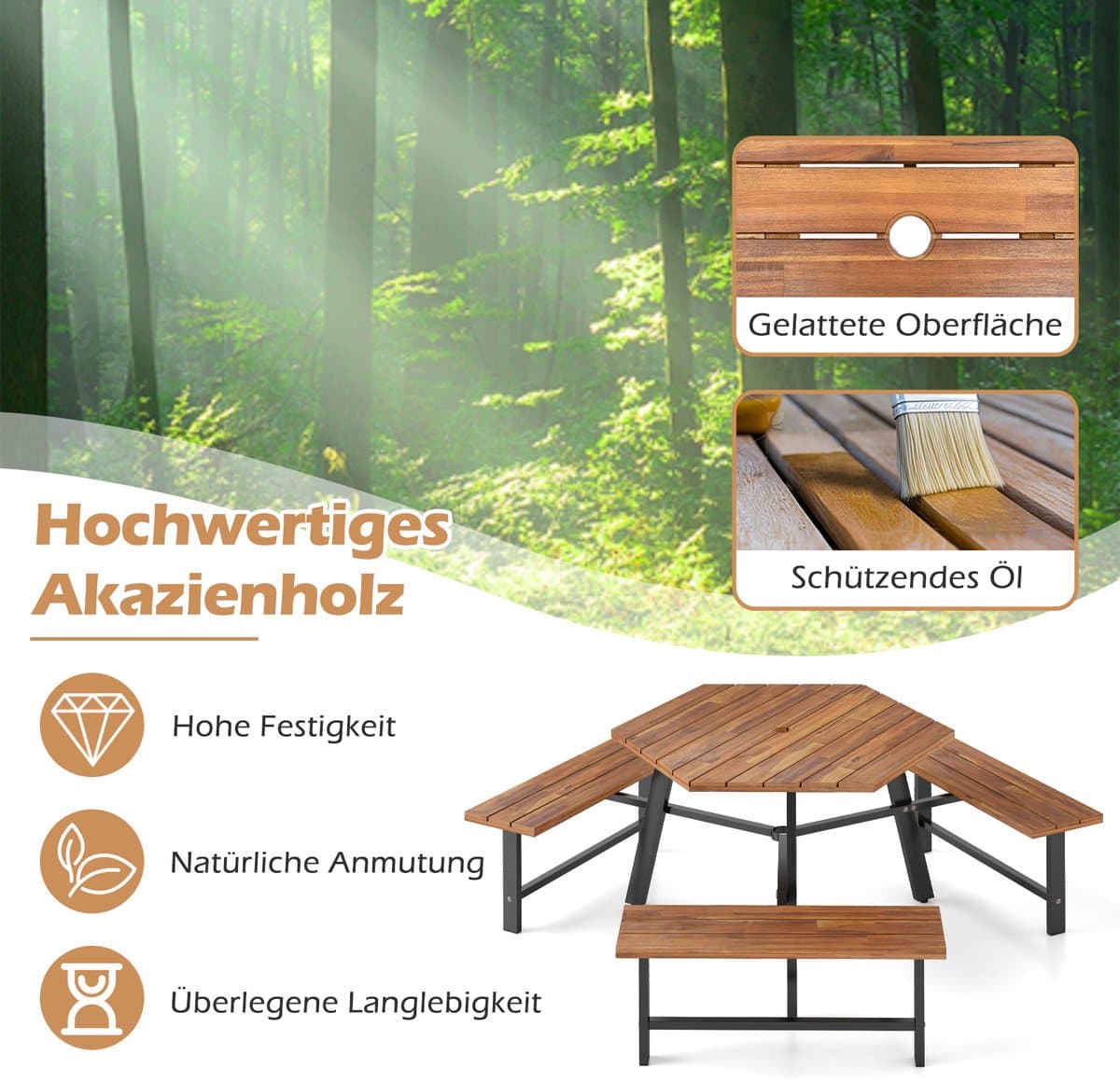 COSTWAY Picknicktafelset voor 6 personen, tuintafel van acaciahout met parasolgat en 3 banken, terrasmeubels, tuinmeubelen, zitgroep, zitgroep voor tuin, terras thumbnail 6