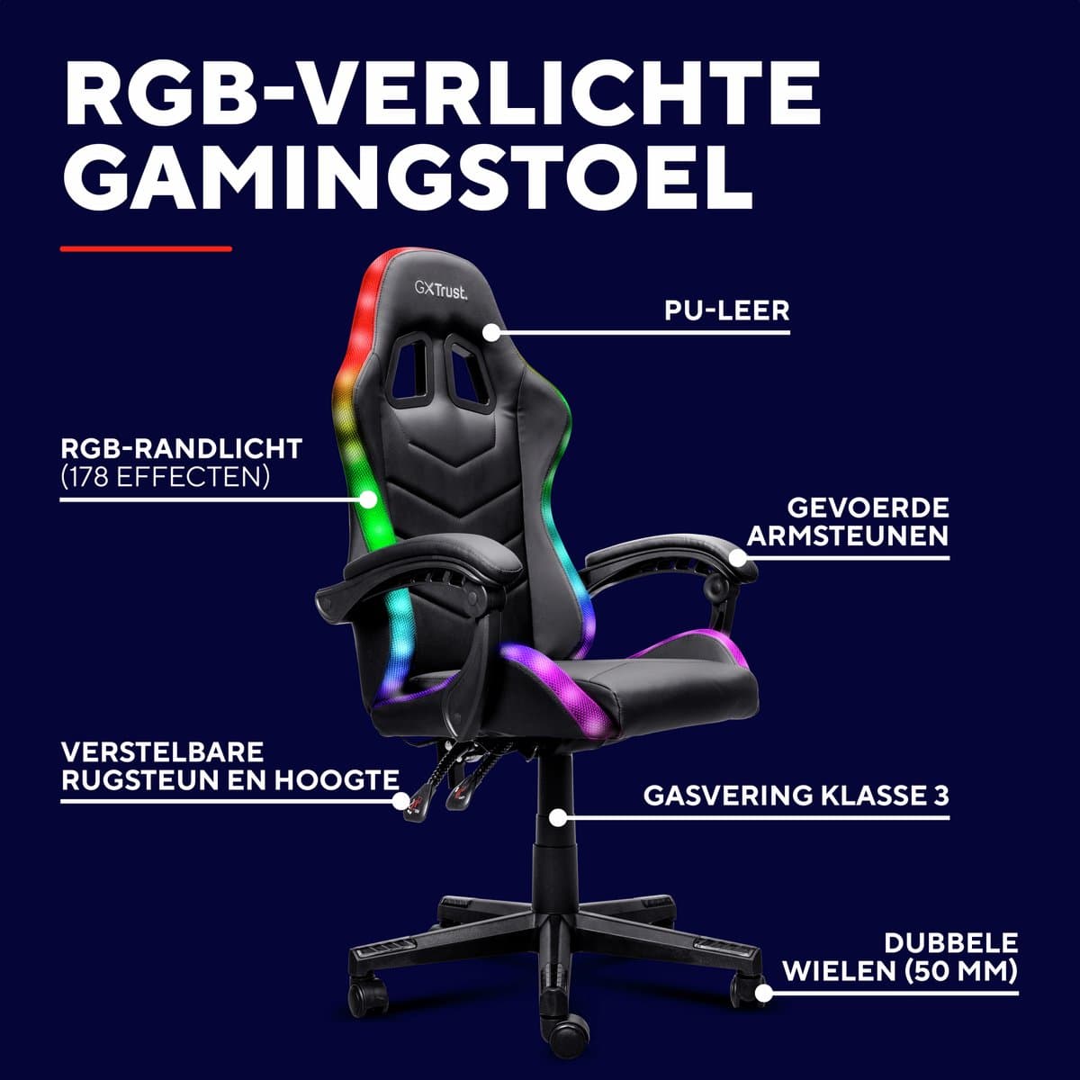 Trust GXT 704 Roniq RGB - Gaming stoel - Gamingstoel - RGB Verlichting - Gamestoel met Verstelbare Rugleuning En Zitting - Zwart thumbnail 7