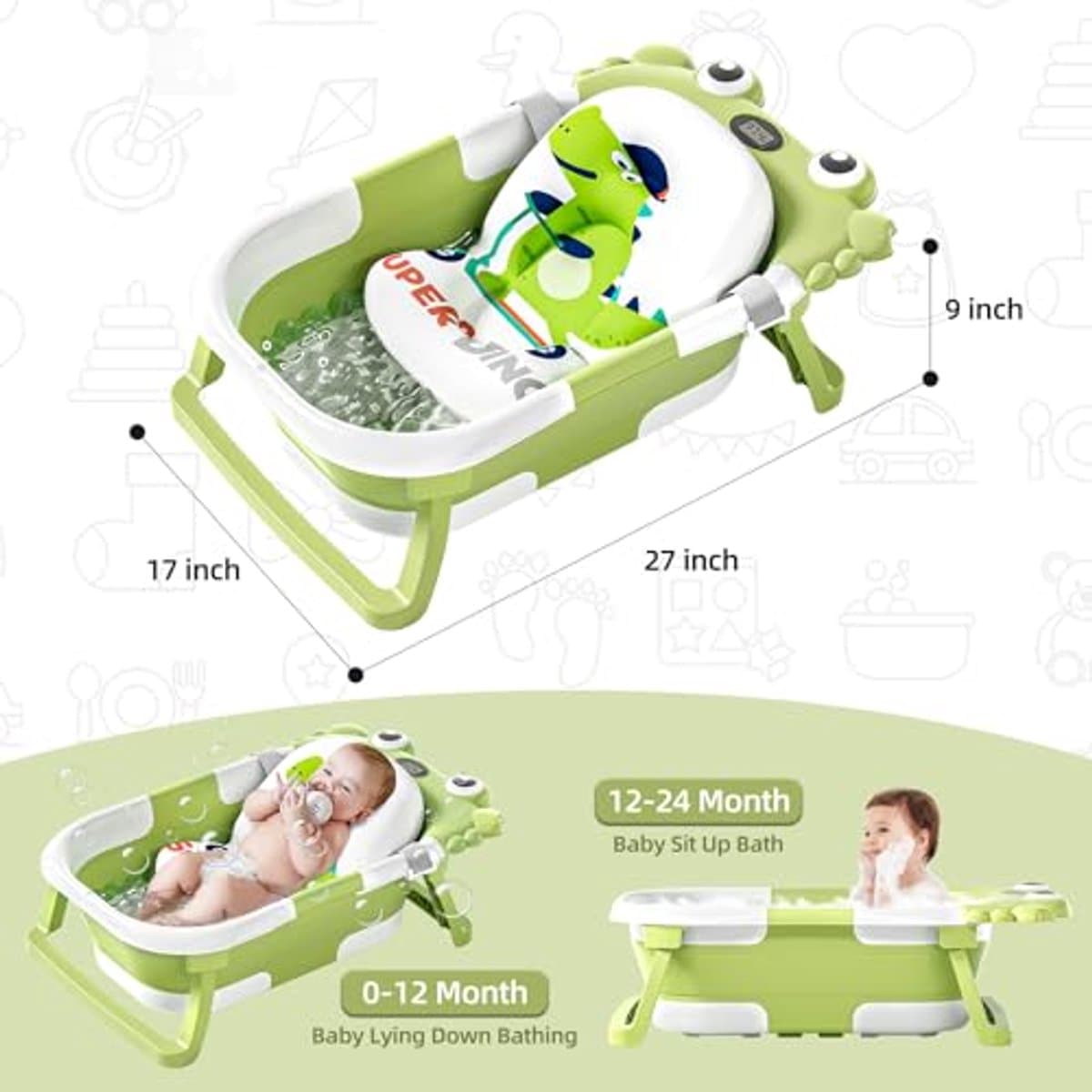 Opvouwbare babybadkuip met temperatuurmonitor en drijvend kussen - Draagbaar reisbad voor baby's en peuters thumbnail 4