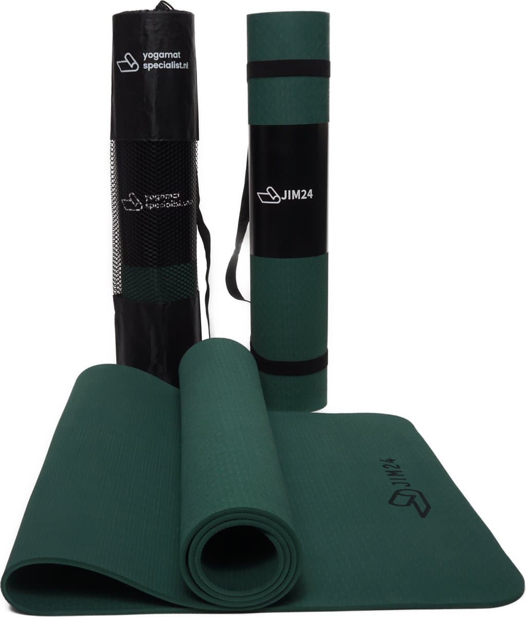 Jim24 Yogamat - Yoga Mat Antislip - Fitness Mat - Sportmat - Pilates Mat - Slijtvast - Extra Dikke Gym Mat - Duurzaam TPE - Incl. Draagtas en Riem - Olijfgroen