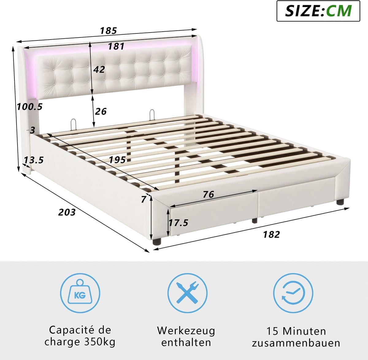 Gasveerbed met LED-verlichting in het hoofdbord, met lades en opbergruimte onder het bed, modern design, 180x200 cm – Beige thumbnail 2