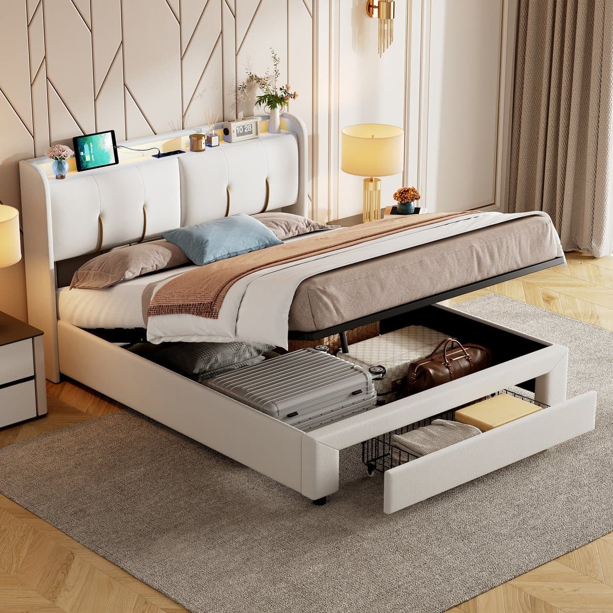 Opbergbed 160x200 cm crèmewit met opbergruimte in het hoofdbord, lade, LED-verlichting en USB-oplaadpoort, gestoffeerd tweepersoonsbed thumbnail 4