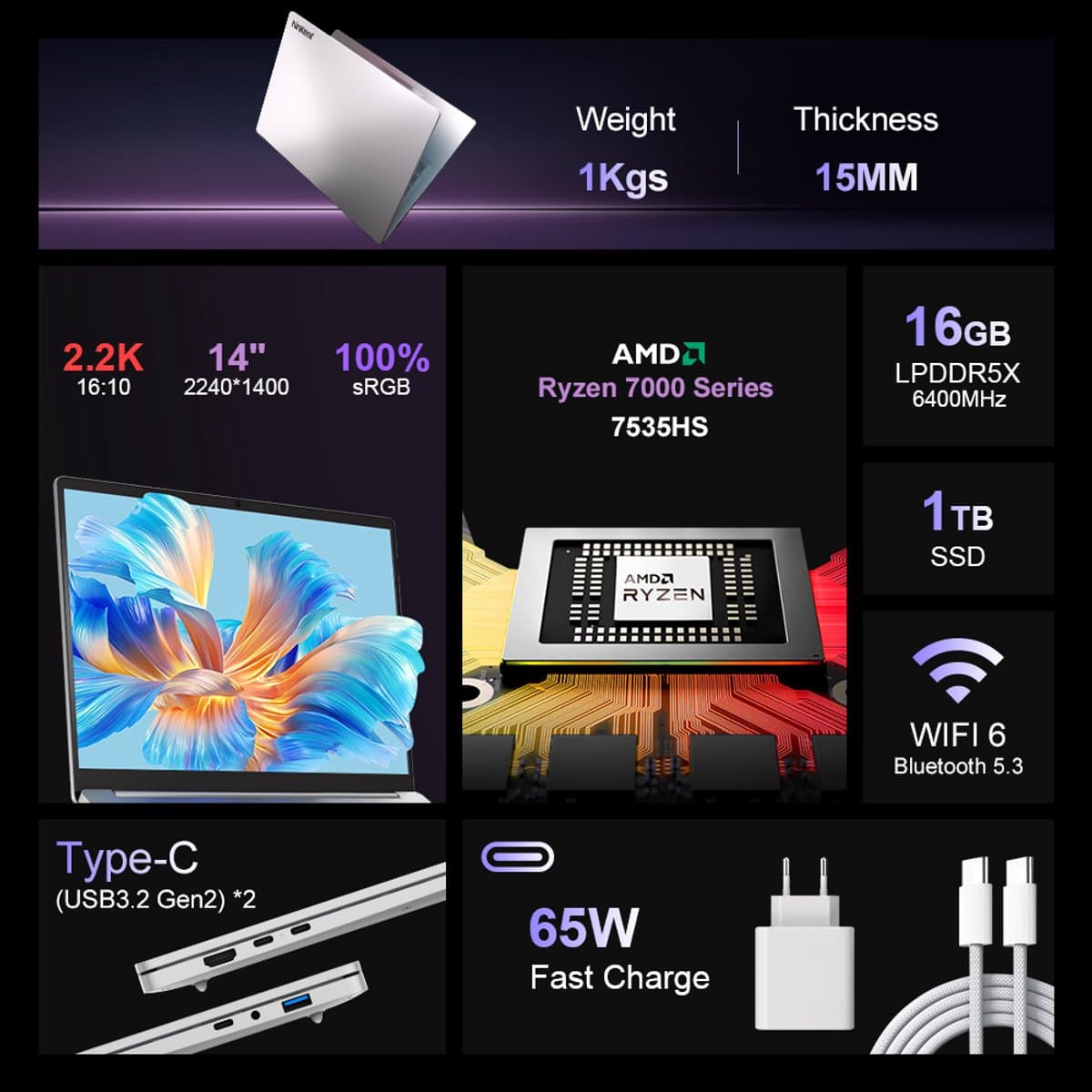 S14 Laptop 14 inch 2.2K 16:10 – AMD Ryzen 5 7535HS – 16GB LPDDR5 – 1TB NVMe SSD – 60Wh accu – WiFi 6 – Fingerprint – Windows 11 – Zilver thumbnail 4