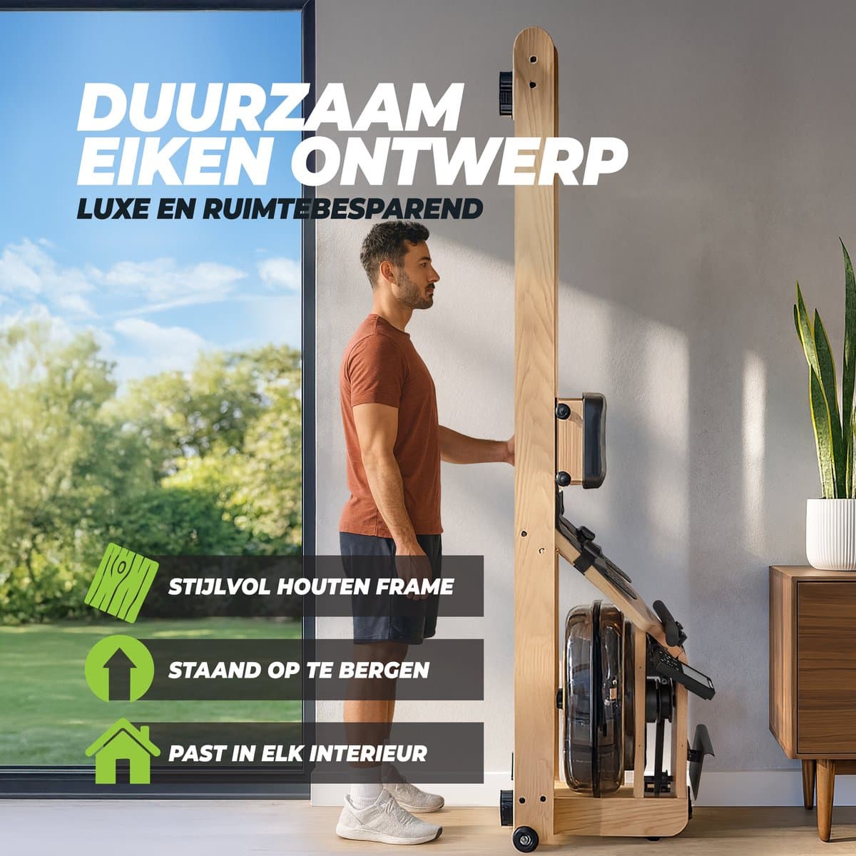 VirtuFit Elite Roeimachine met Waterweerstand - Eikenhout - Ruimtebesparend - Bluetooth - Kinomap & EXR Compatibel - Roeitrainer - Roeiapparaat thumbnail 2