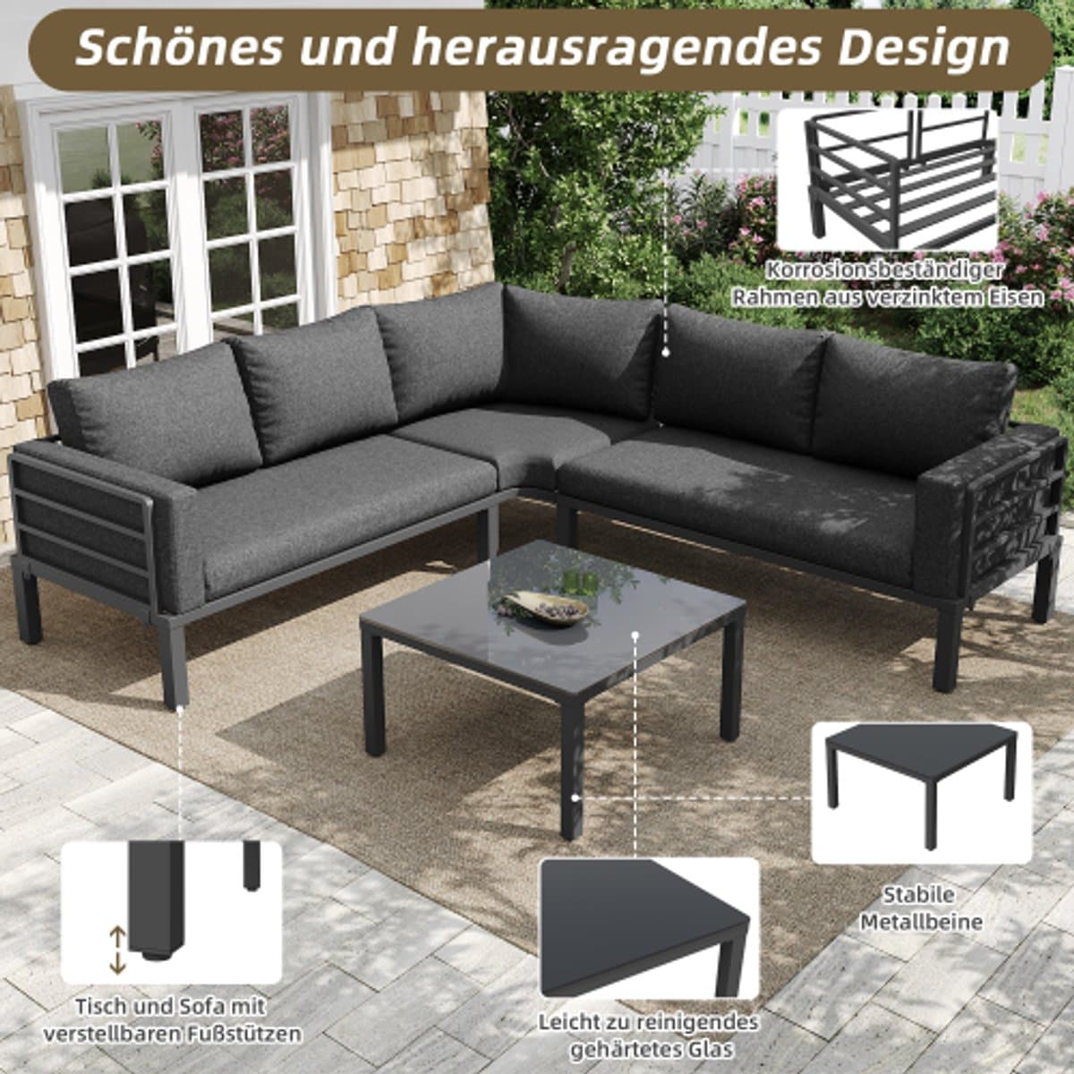 Tuinmeubelset (4-5 zitplaatsen), 1 salontafel van gehard glas, gegalvaniseerd ijzeren frame, comfortabel tuinmeubilair, grijze zitkussens en kussens, met verstelbare poten thumbnail 6