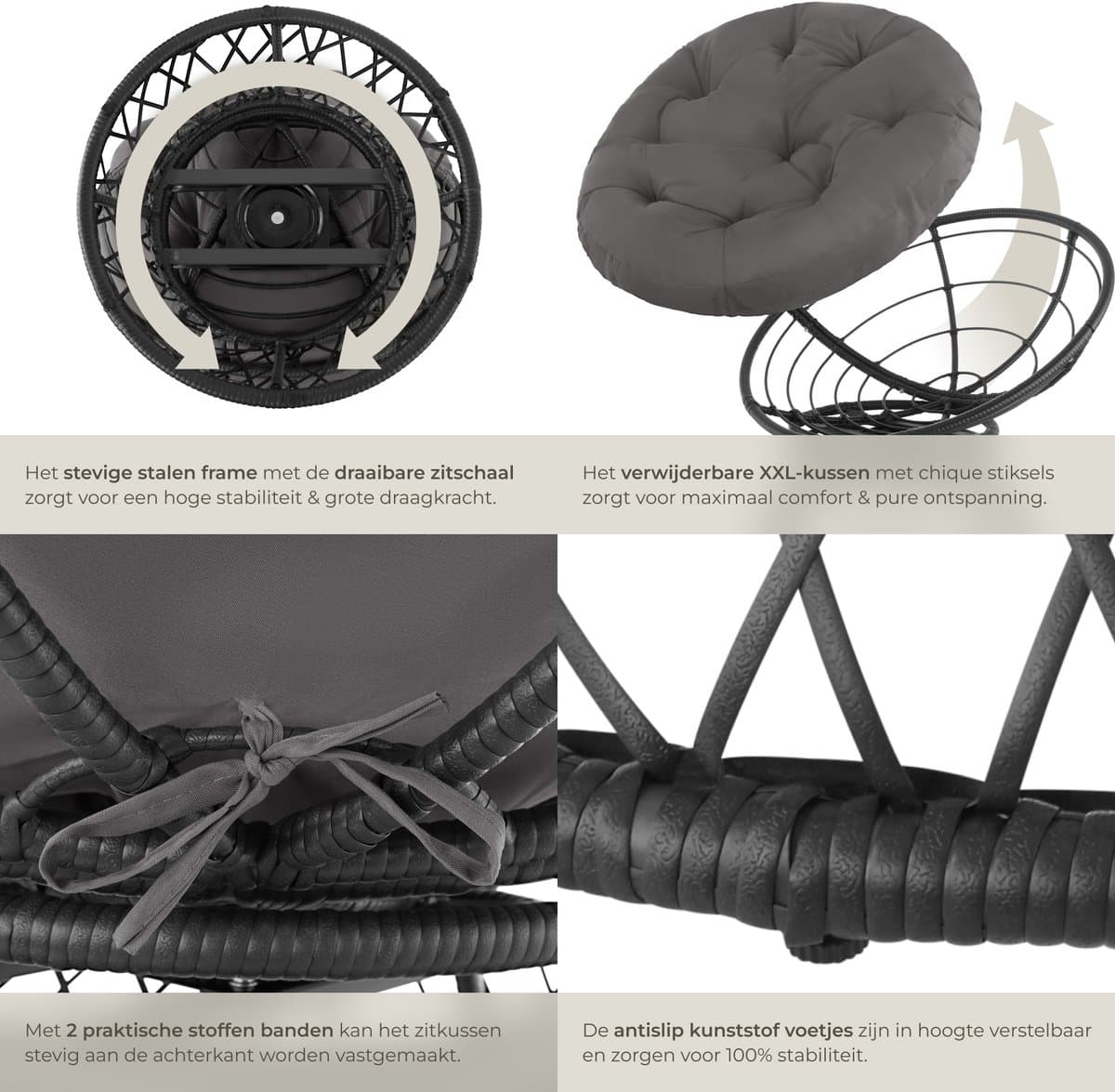 tectake® Papasan Stoel - Gezellige Draaistoel met Ronde Kussens - Comfortabele Rotan Stoel - Draaibare Loungestoel - Ronde Relax Rotan Rieten Stoel voor Woonkamer, Leeshoek, Lounge - Zwart thumbnail 2