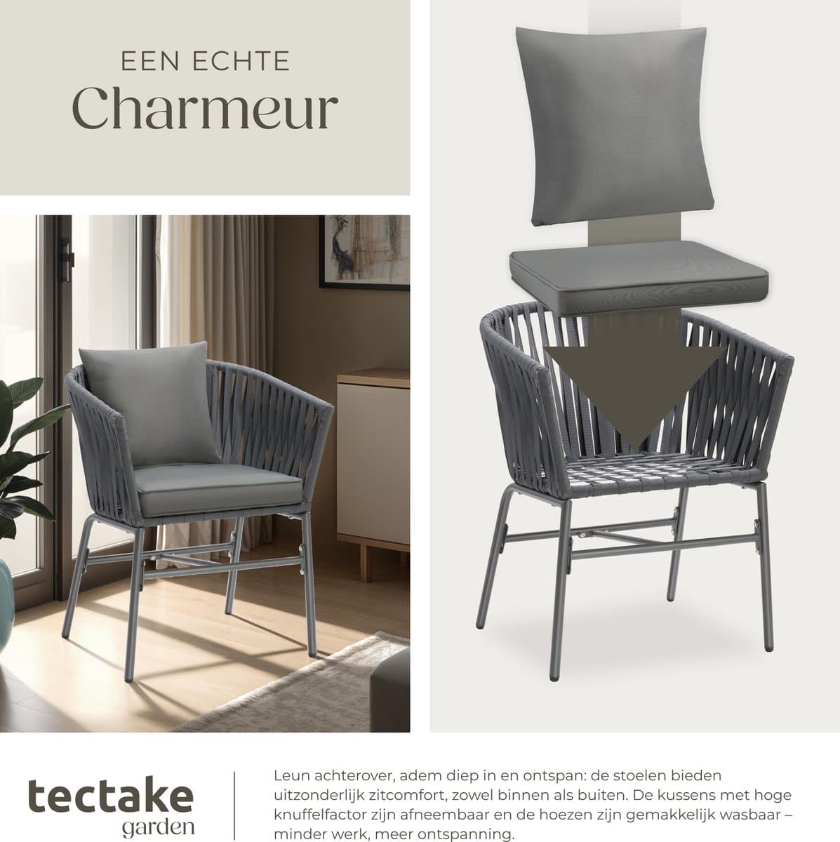 tectake® Tuinstoelen Valeiras - Set van 6 - Metalen Buitenstoel met Rope Design - Terrasstoel met Armleuningen - Tuinstoel - Tuin Fauteuil - Tuinmeubels - Tuinset met Waterafstotende Kussens en Verstelbare Poten thumbnail 7