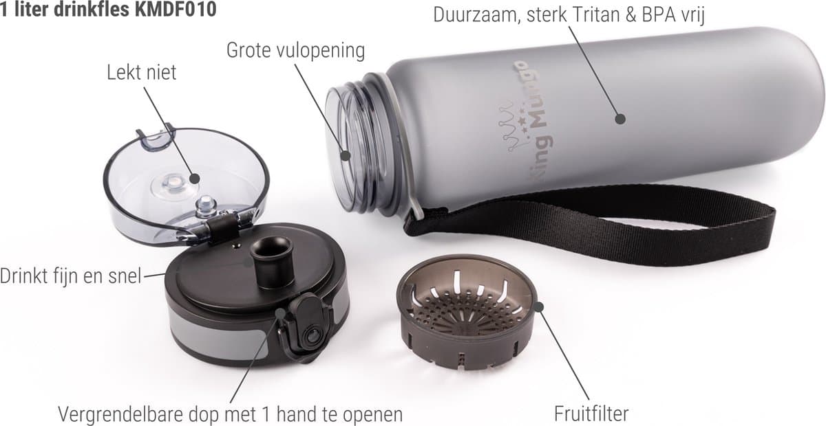 King Mungo Drinkfles 1 Liter Mat Grijs - Waterfles & Sport Bidon Volwassenen - 100% Lekvrij & BPA-vrij Tritan - Vaatwasserbestendig Zonder Rietje - Drinkbus 1000ml Cadeau thumbnail 4