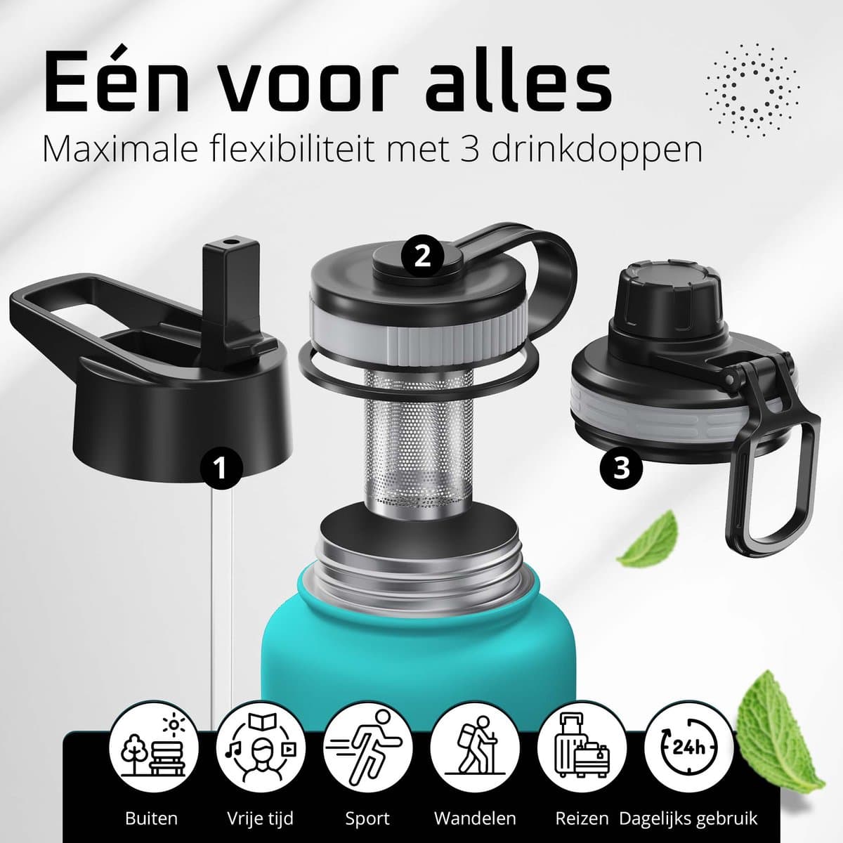 bemaxx Drinkfles met Rietje RVS Thermosfles ACTIVE FLASK (3 Drinkdoppen met Infuser), Volwassenen Kinderen, BPA-Vrij + Lekvrij | 1 Liter/500 ml Isoleerfles, Vacuüm Waterfles Sport Fitness Fietsen Water Fles Waterbidon Sportbidon thumbnail 8