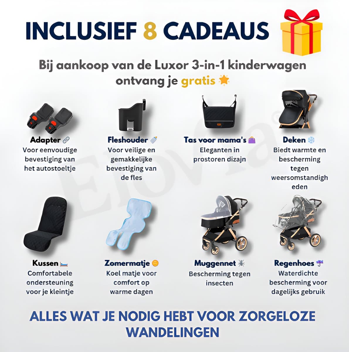 Kinderwagen 3 in 1 Zwart - incl. Àutostoel - 0-25kg - Luiertas- XXL - Buggy 3in1 - Verstelbare duwstang - Opvouwbaar - Wandelwagen - XXL zonnekap - Rubberen wielen - Reiswieg- 8 cadeaus- Elovia thumbnail 7