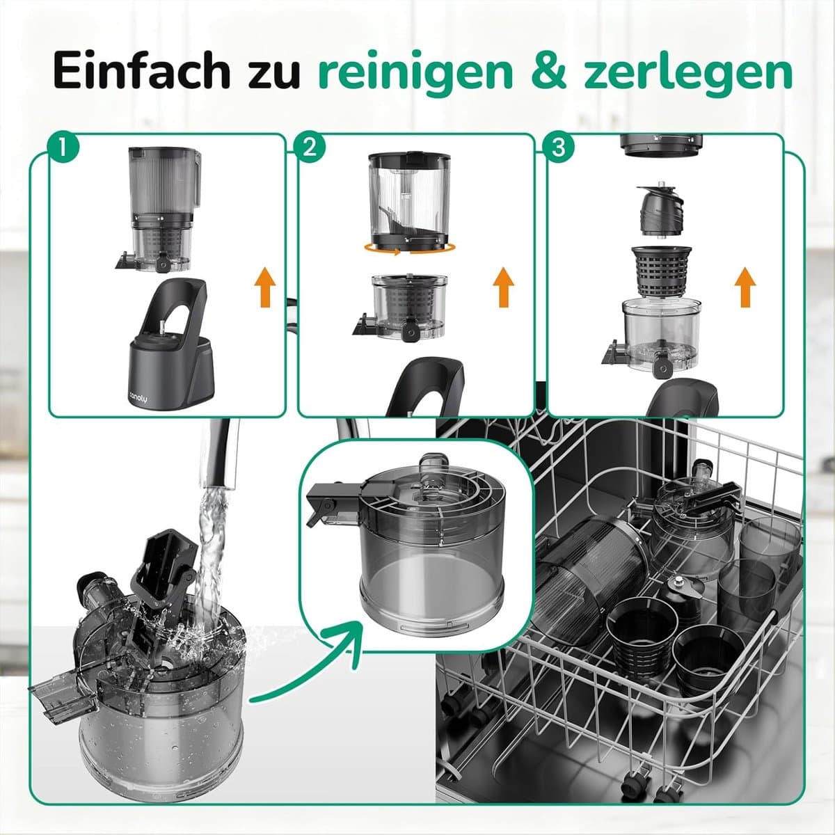 OLOEY De Canoly slowjuicer heeft een inhoud van 2,6 liter-een grote vulopening van 150 mm en een 3-in-1 filter-waardoor hij geschikt is voor zowel sap als notenmelk-Hij beschikt ook over een automatische hakfunctie en een koudpersfunctie thumbnail 3