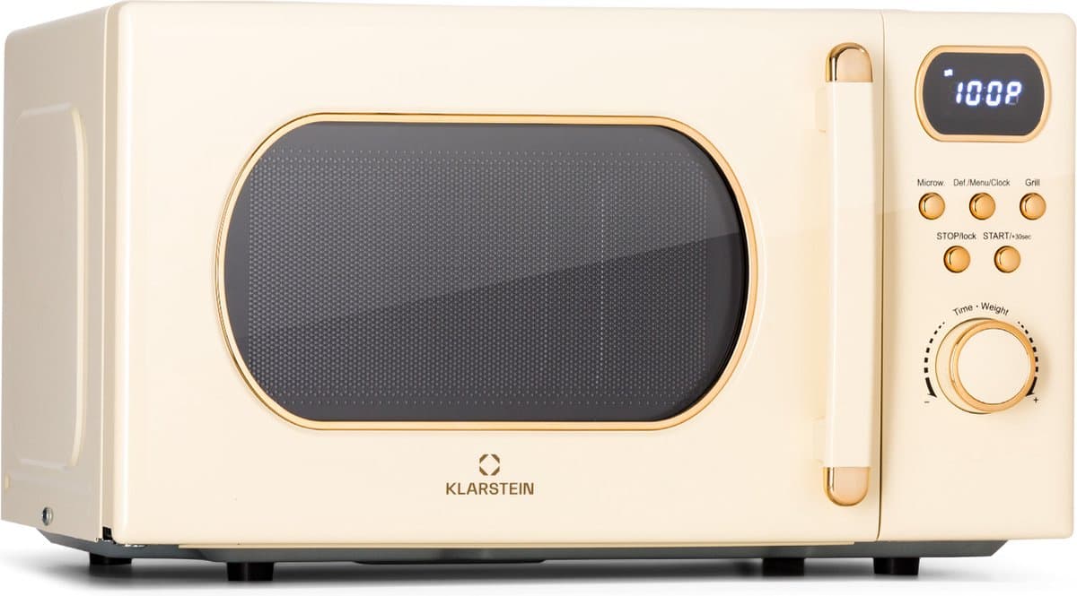 Klarstein Magnetron met Grill, 800 W, 20 Liter, 3-in-1 RVS Crème, Met Ontdooien en Pizzafunctie, Draaiplateau, Compact - voor Keuken - Bruin - Microwave Combimagnetron Microgolfoven Microwave Oven