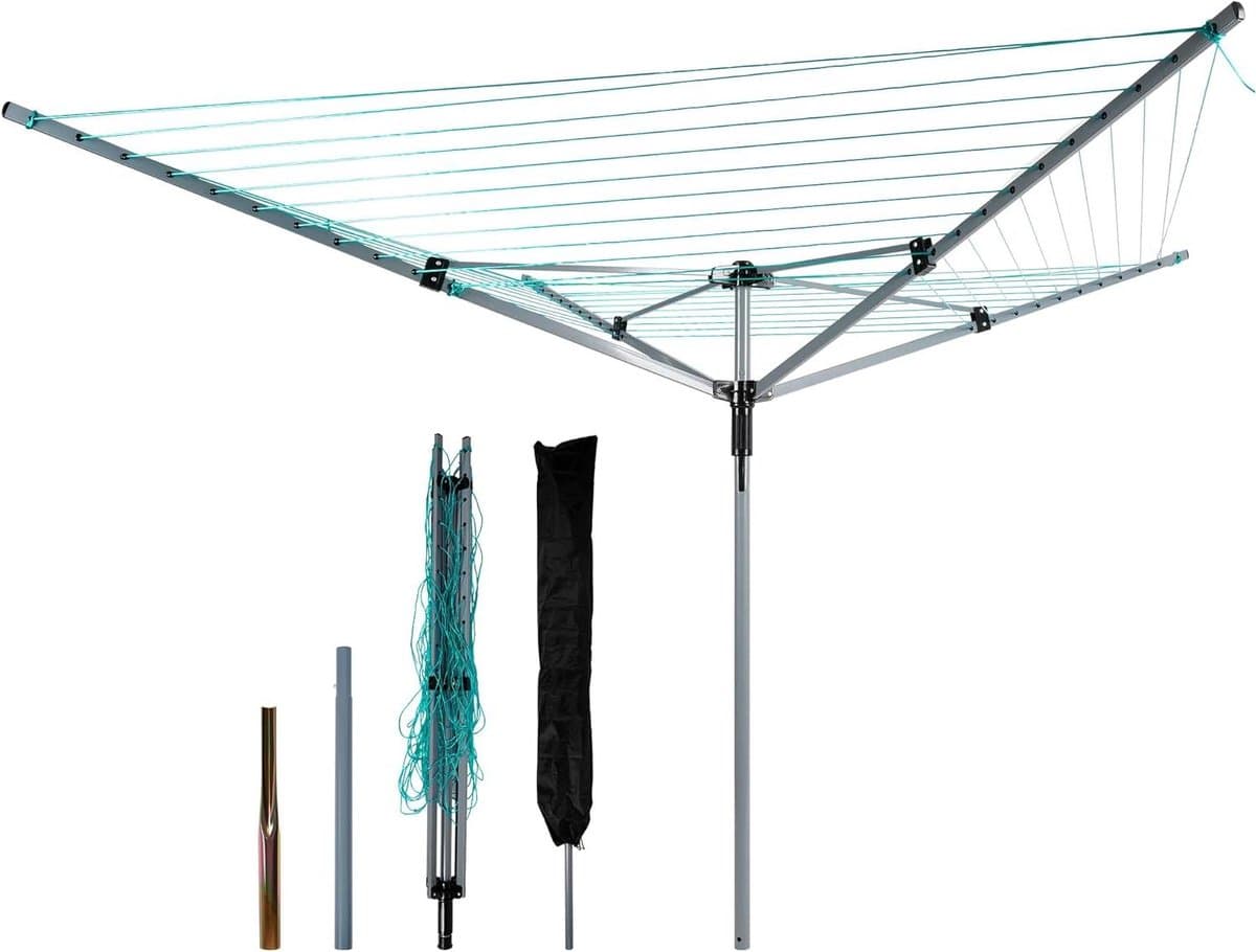 Droogmolen voor buiten - Waslijn met grondhuls - Kleding drogen - 360 graden draaibaar - 60 meter waslijn - Grijs groen