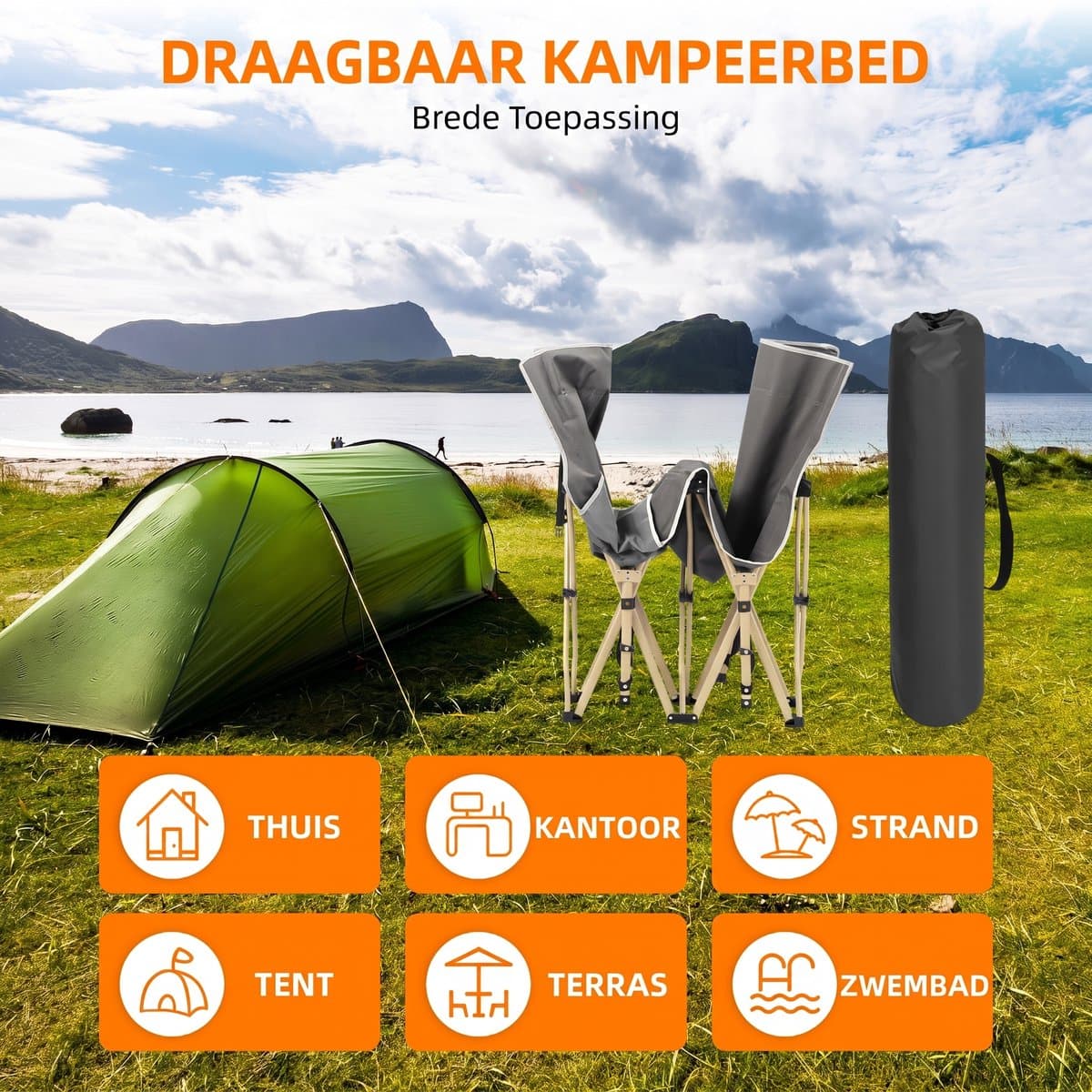Opklapbaar Veldbed voor Volwassenen - Campingbed & Logeerbed tot 200 kg - 190 x 71 x 35 cm - Oxford Stof en Stalen Frame - Voor Binnen en Buiten thumbnail 4