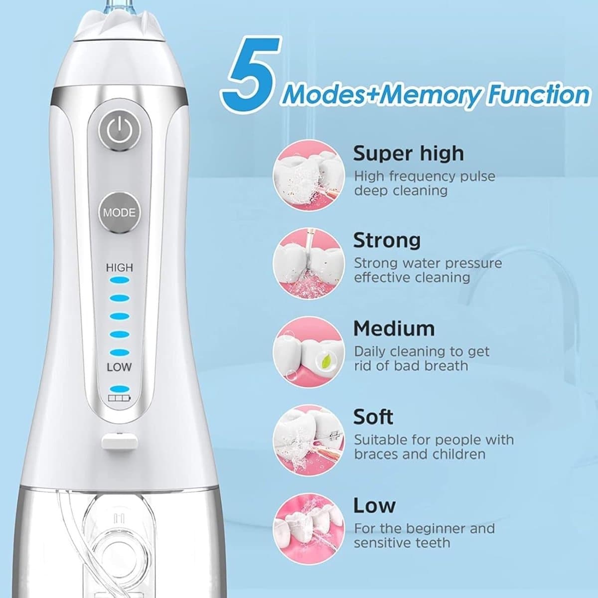 Draagbare elektrische monddouche, draagbare draadloze mondirrigator van 300 ml, USB-oplaadbaar, 5 sproeiers, 5 pulsmodi, IPX7-waterdicht, één klik om de mondgezondheid te vernieuwen thumbnail 2