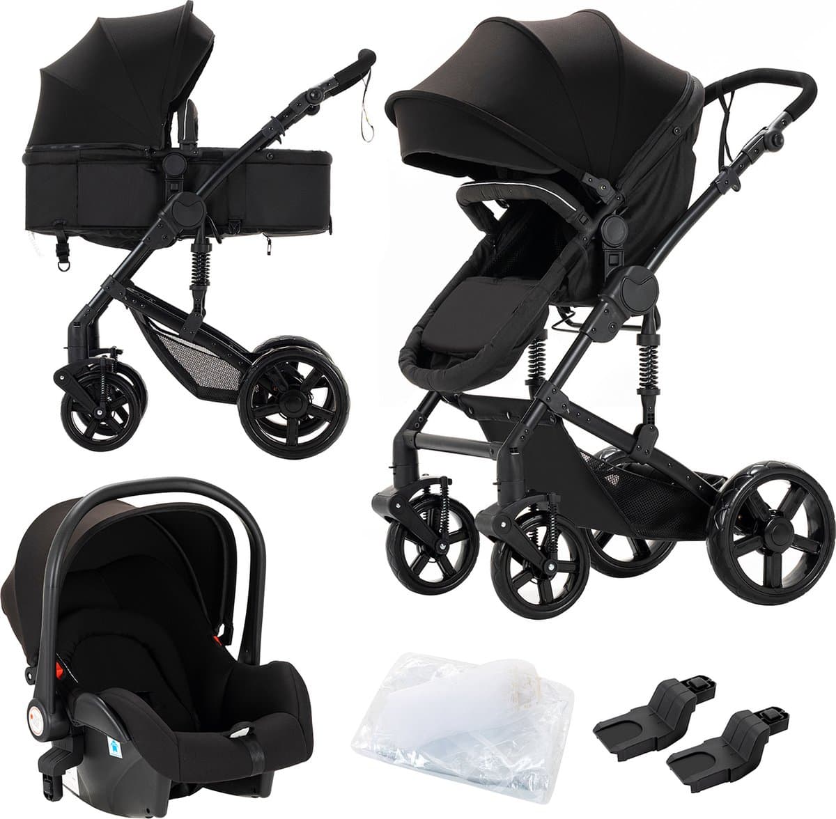 Luxe 3-in-1 Kinderwagen - Wandelwagen - Autostoeltje - Buggy - Reiswieg - Inklapbaar - 0-36 Maanden - Zwart
