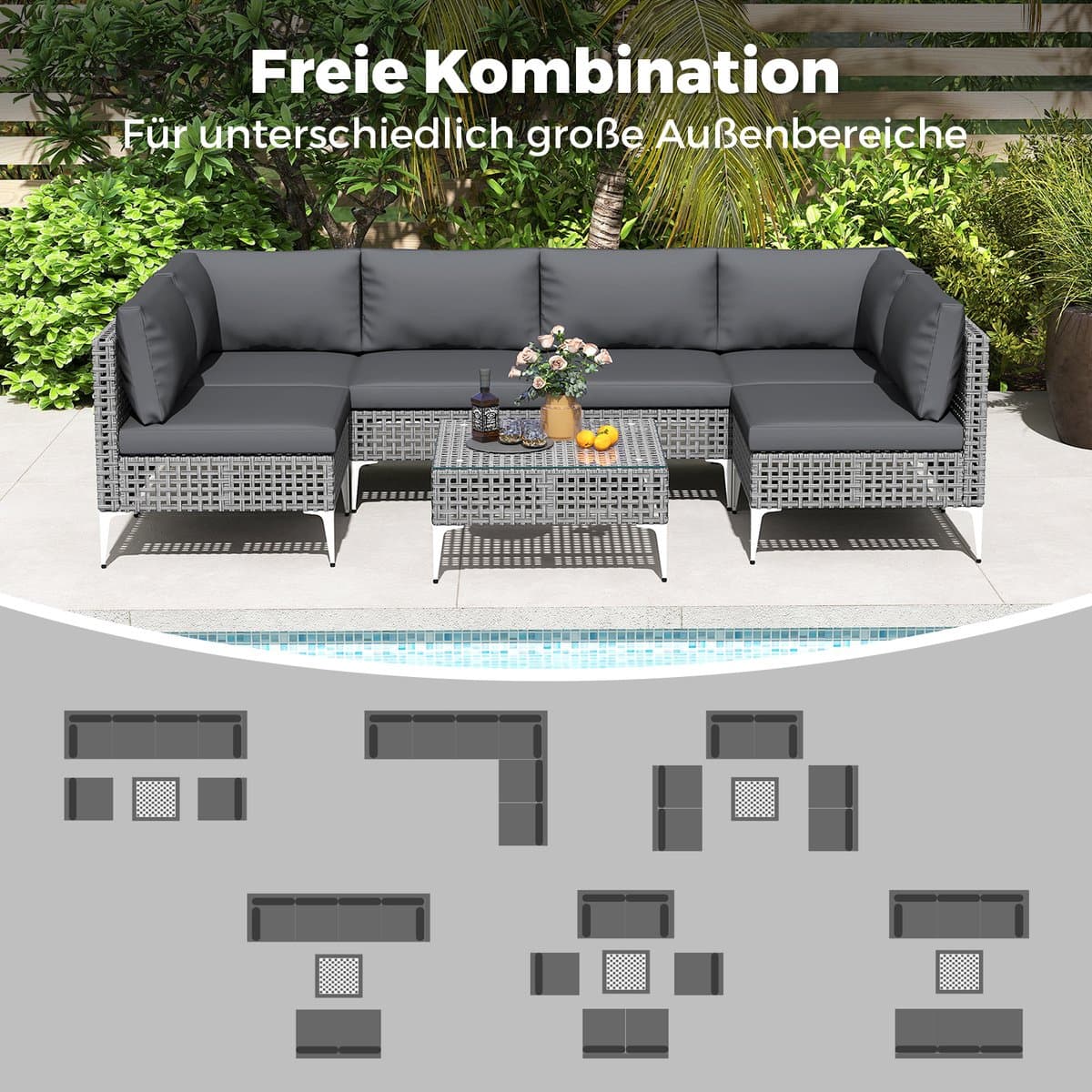 COSTWAY Loungemeubelen voor buiten, rotan tuinlounge met tafel en kussens, vrij te combineren, tuinmeubelset, balkonmeubels, terrasmeubels, zitgroep voor tuin, terras, balkon thumbnail 6