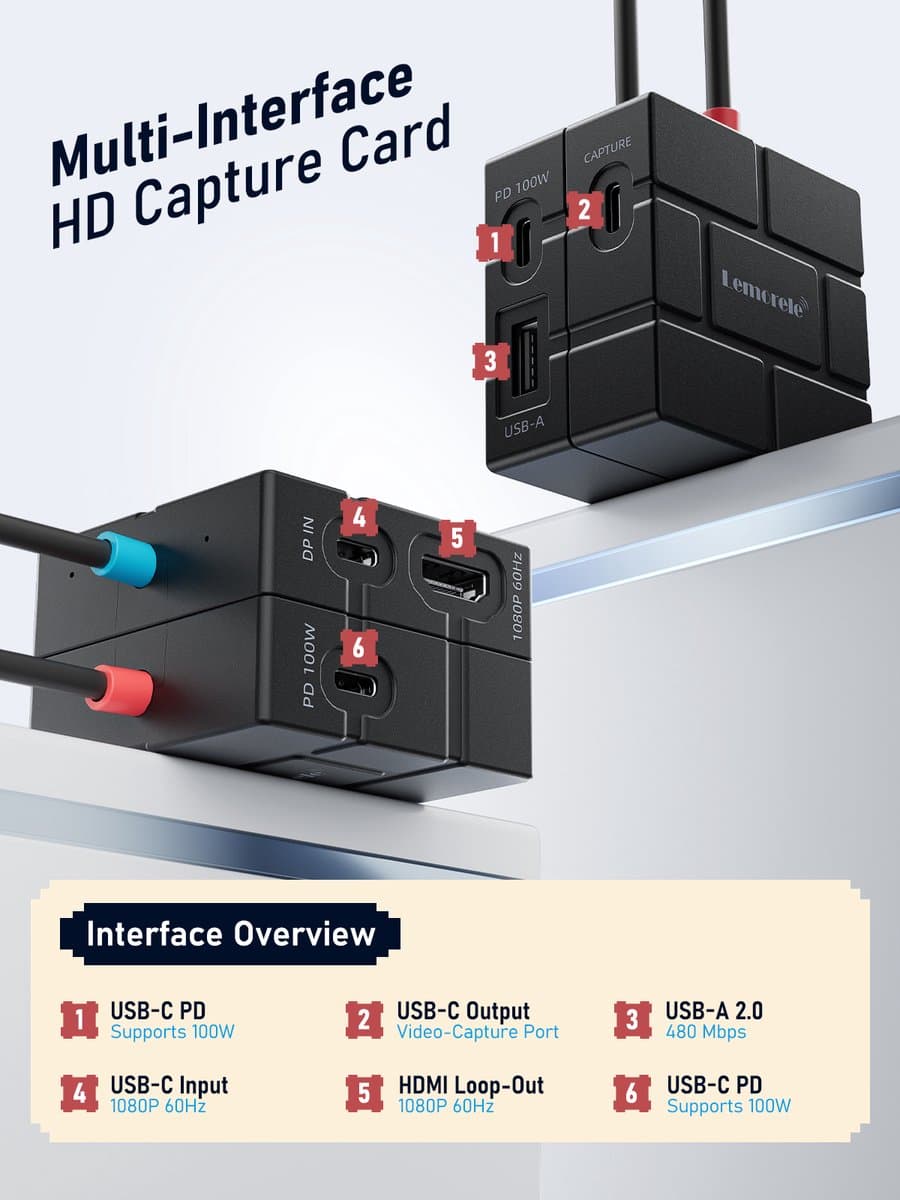 Lemorele AC12 Video Capture Card + Hub + Magnetisch – 1080P 60Hz – HDMI Passthrough – USB-C – 100W PD thumbnail 5