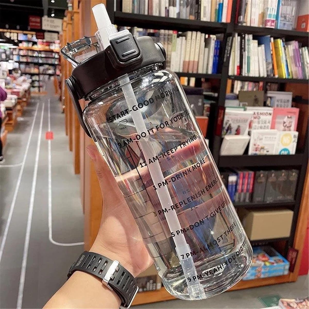 Grote Waterfles - Drinkfles Met Rietje - Sport En Fitness - Met Tijdmarkeringen - 2 Liter - Zwart thumbnail 4