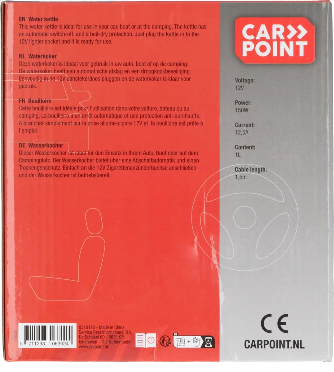 Carpoint Waterkoker 12Volt - 1 Liter - Voor auto, caravan of boot - 12 Volt stekker of sigarettenaansteker thumbnail 5